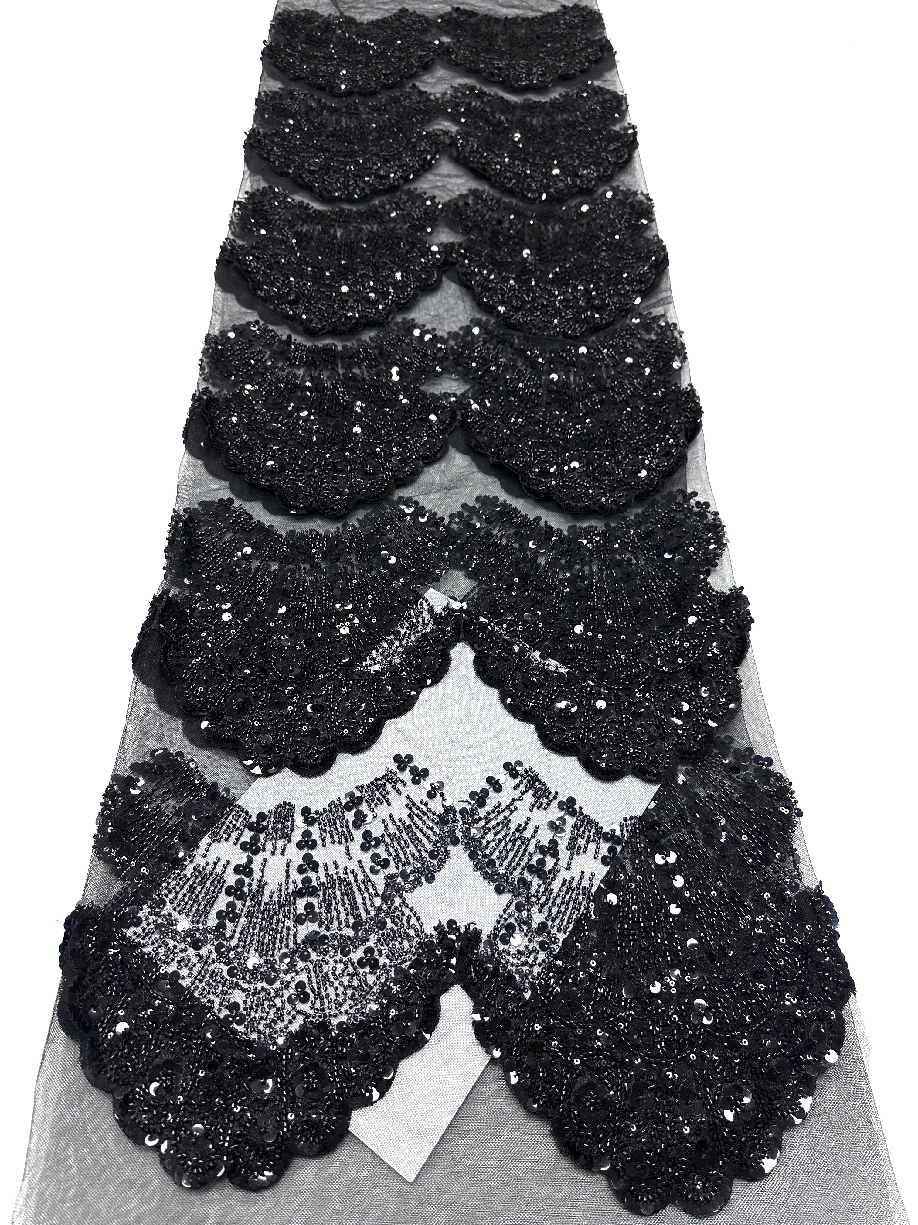 BLS6633#	Sequined Beaded Border Lace Fabric Geometric Tulle Embroidered Scalloped Edge Lace Fabric for Wedding Dresses