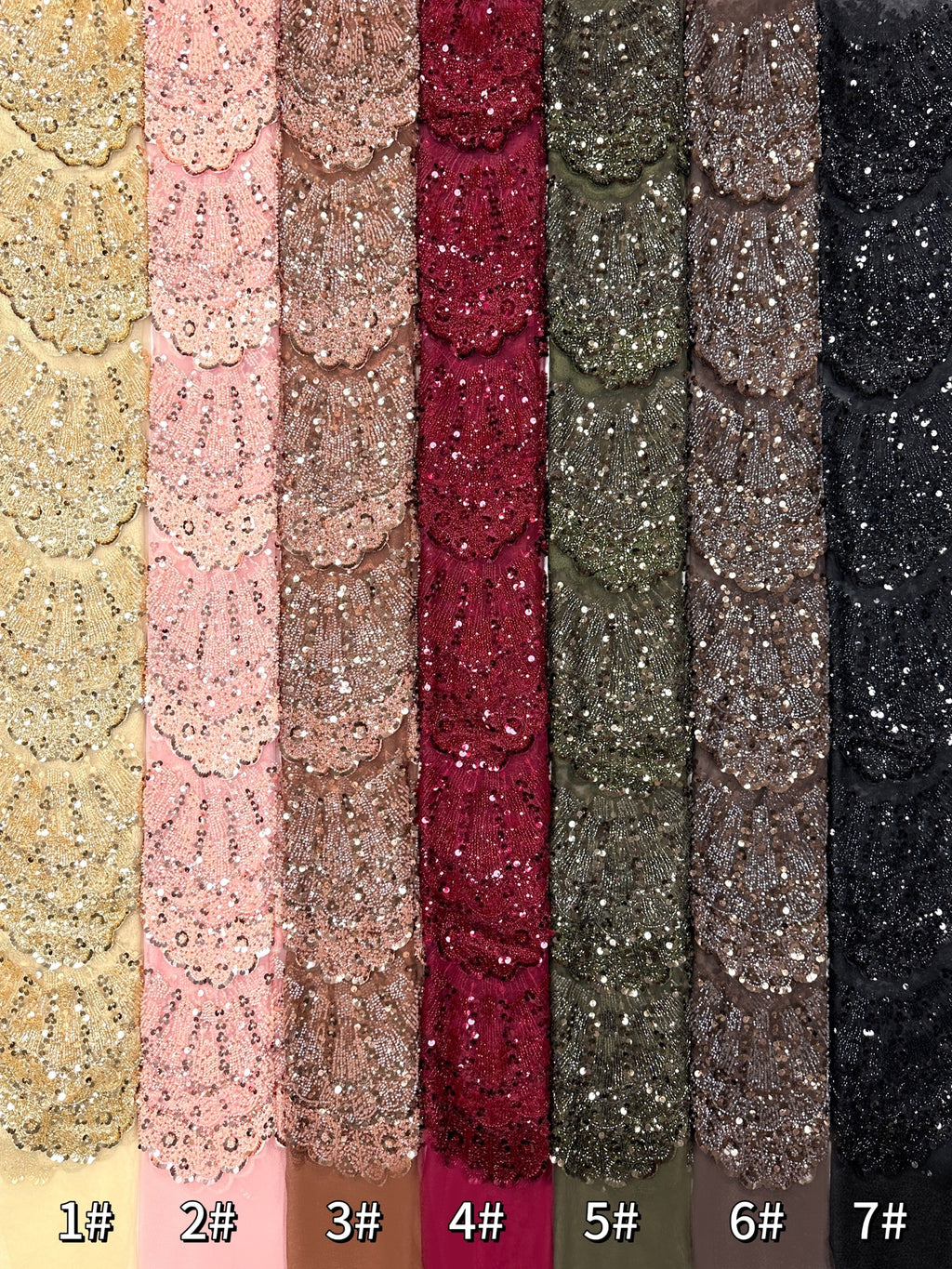 BLS6633#	Sequined Beaded Border Lace Fabric Geometric Tulle Embroidered Scalloped Edge Lace Fabric for Wedding Dresses
