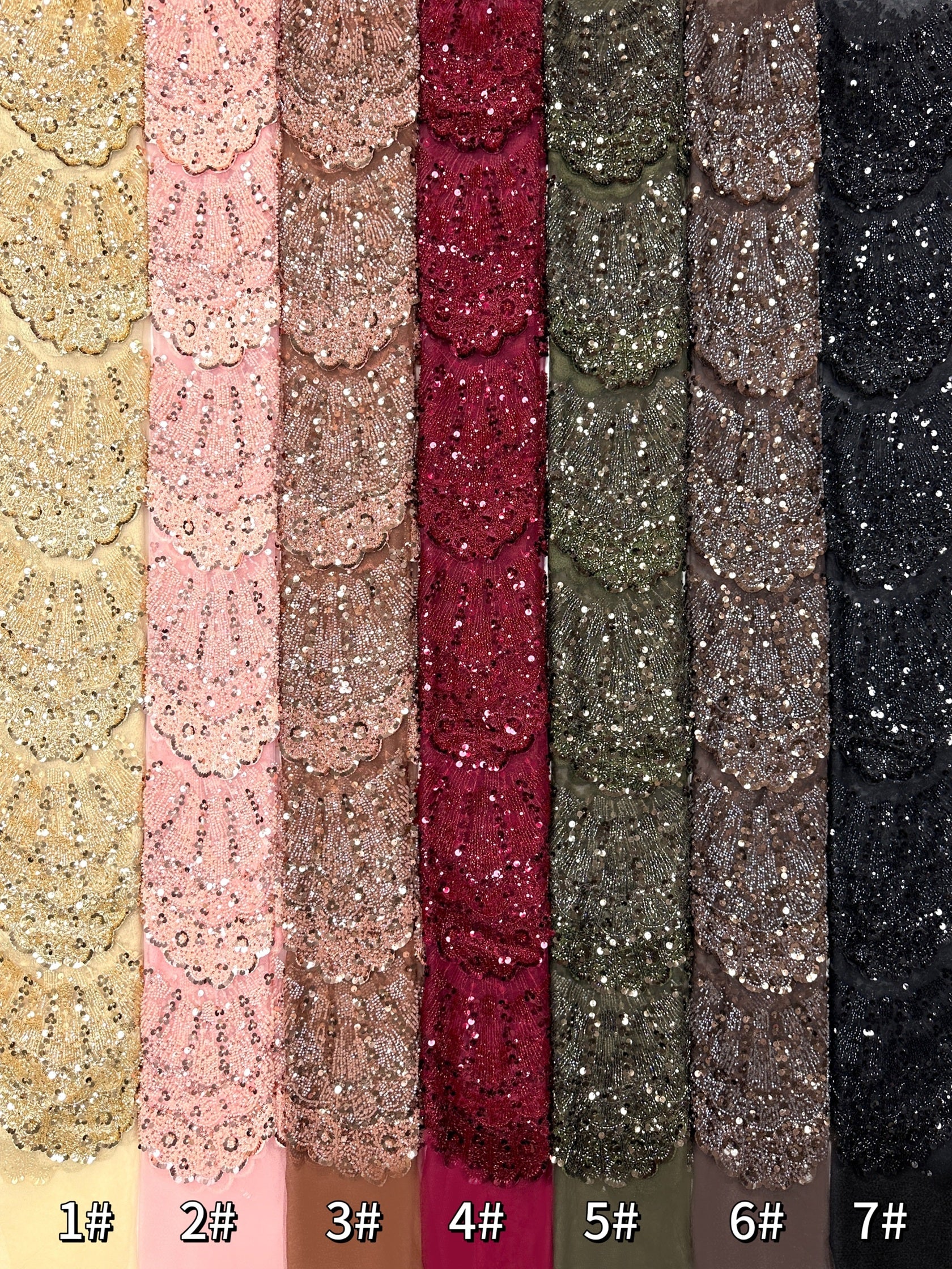 BLS6633#	Sequined Beaded Border Lace Fabric Geometric Tulle Embroidered Scalloped Edge Lace Fabric for Wedding Dresses