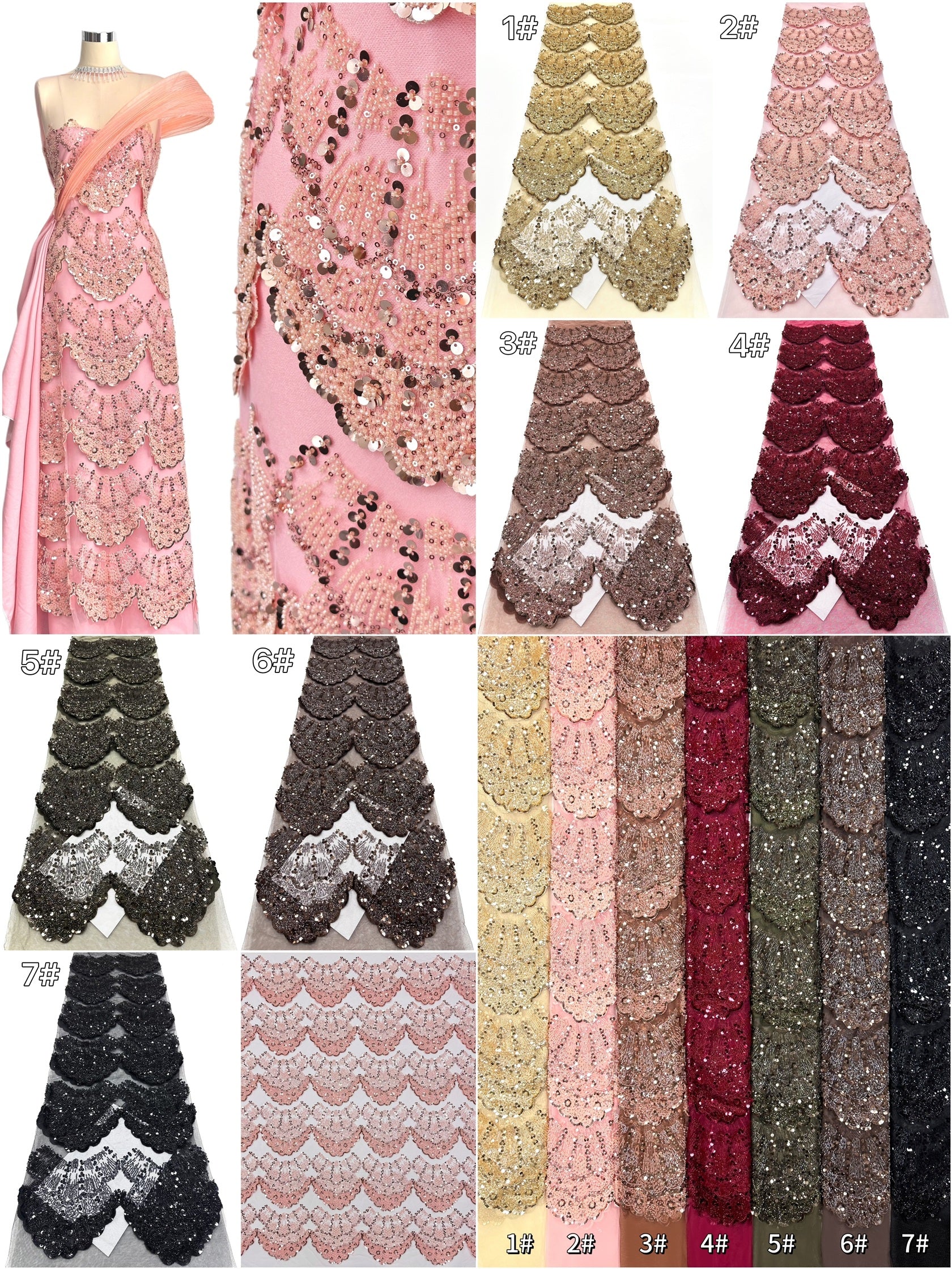 BLS6633#	Sequined Beaded Border Lace Fabric Geometric Tulle Embroidered Scalloped Edge Lace Fabric for Wedding Dresses