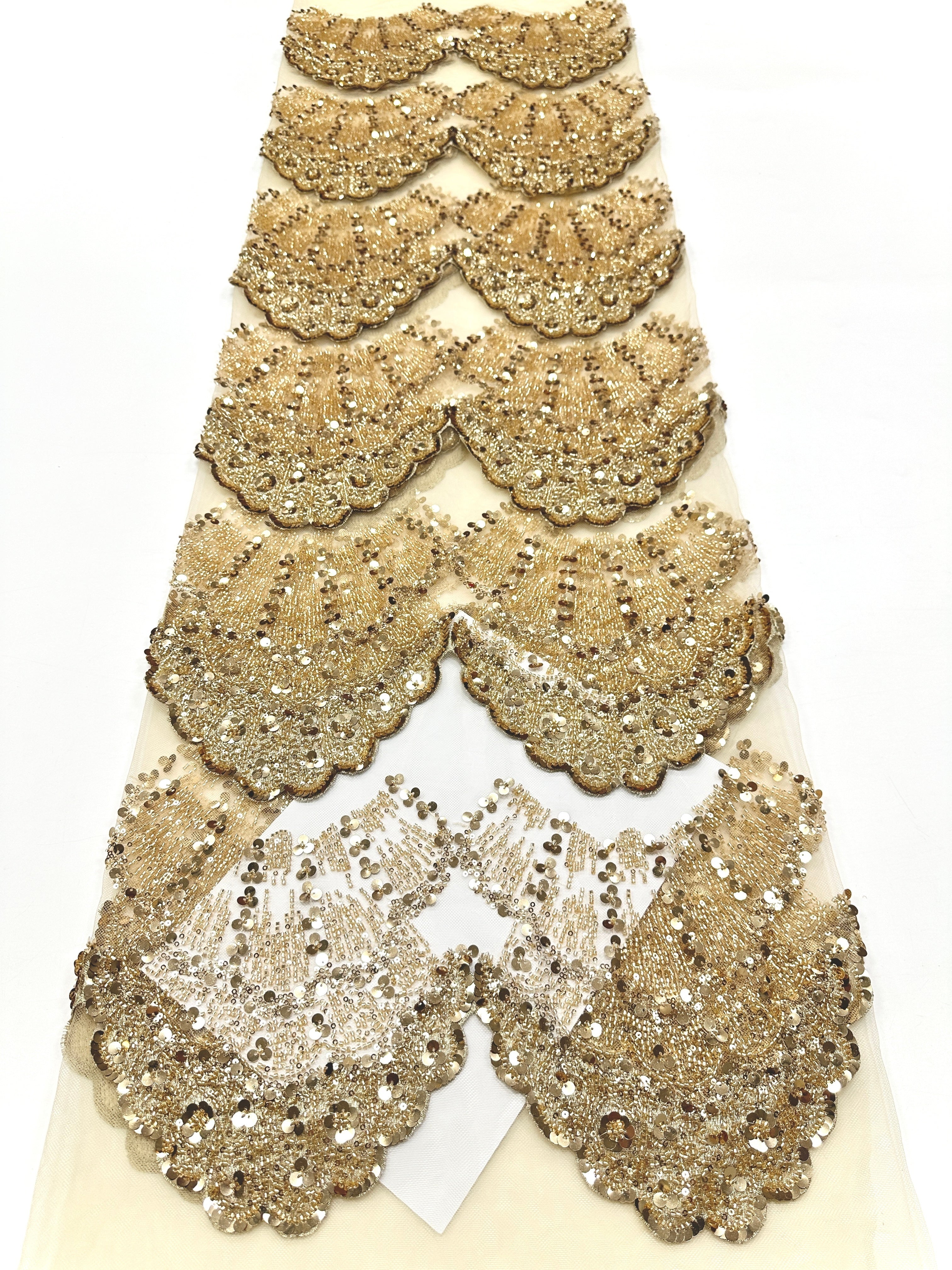 BLS6633#	Sequined Beaded Border Lace Fabric Geometric Tulle Embroidered Scalloped Edge Lace Fabric for Wedding Dresses