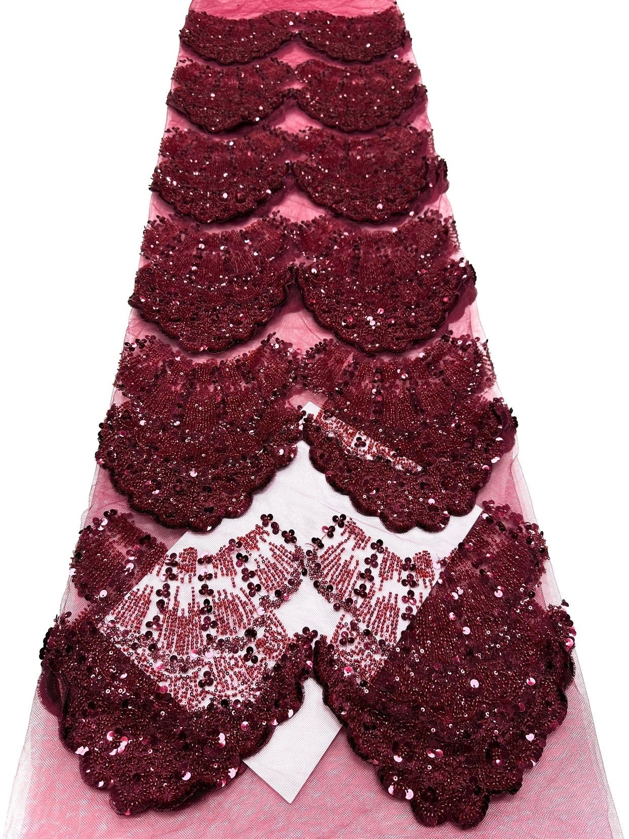 BLS6633#	Sequined Beaded Border Lace Fabric Geometric Tulle Embroidered Scalloped Edge Lace Fabric for Wedding Dresses