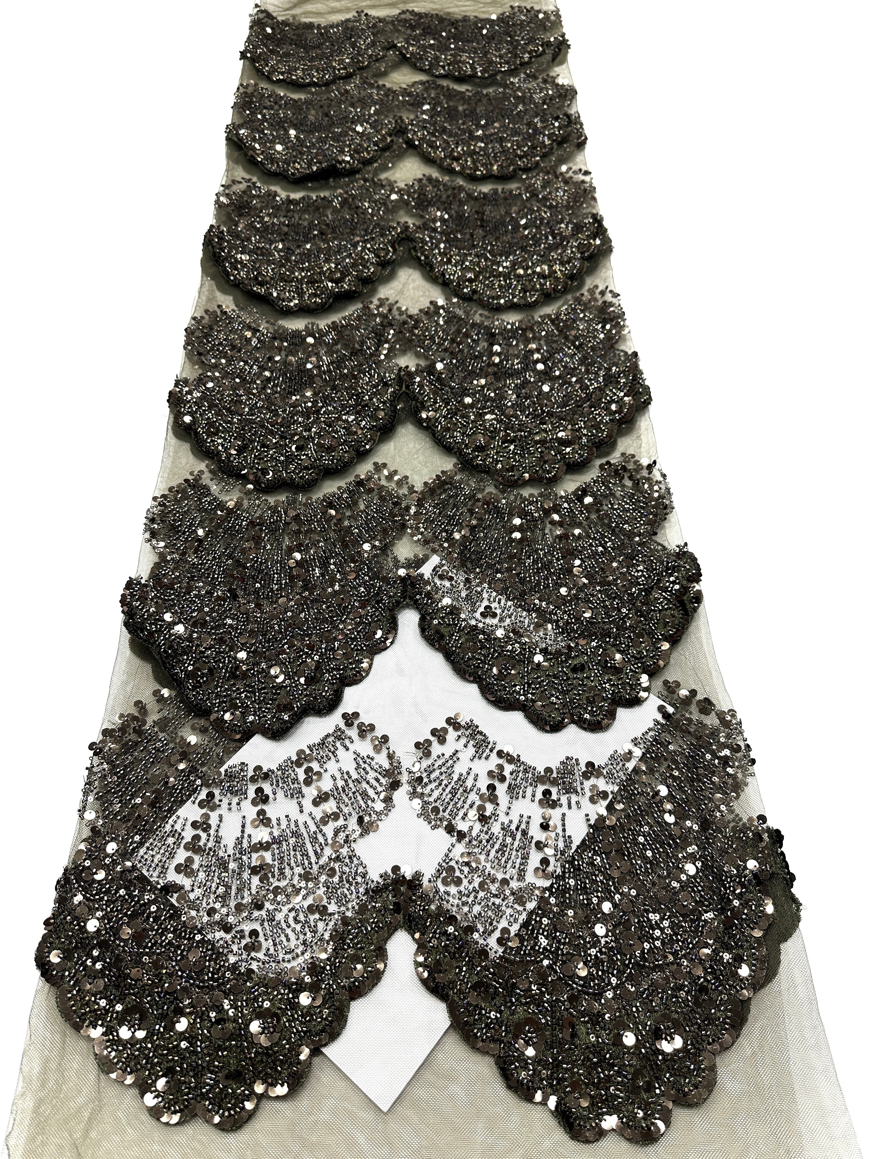 BLS6633#	Sequined Beaded Border Lace Fabric Geometric Tulle Embroidered Scalloped Edge Lace Fabric for Wedding Dresses