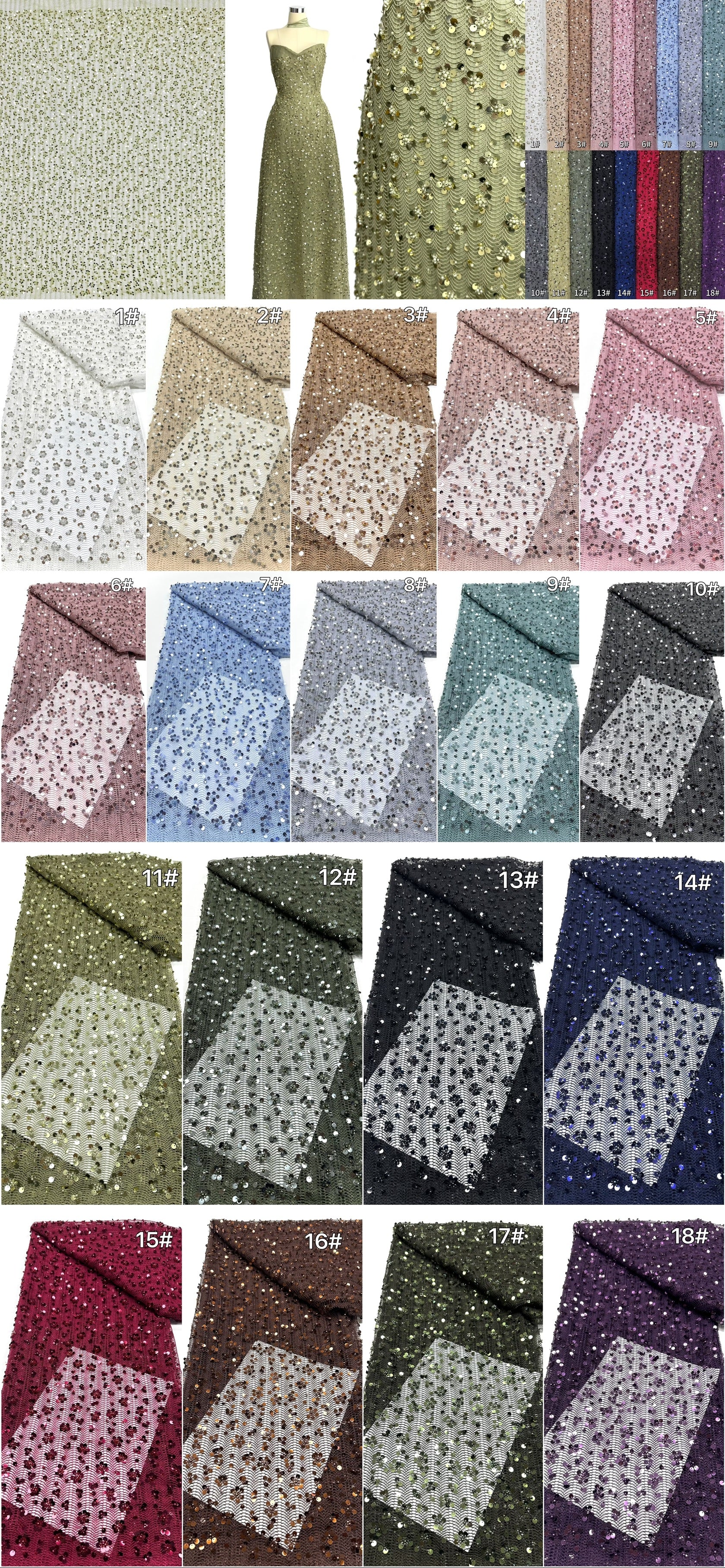 BLS6634#	High End Handmade Beaded Sequin Lace Fabric Gold Mesh Embroidery Lace For Wedding Bridal Evening Dress Apparel Fabric