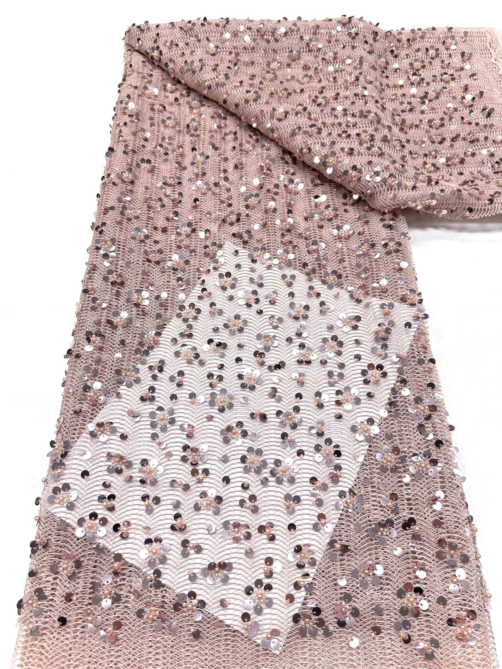 BLS6634#	High End Handmade Beaded Sequin Lace Fabric Gold Mesh Embroidery Lace For Wedding Bridal Evening Dress Apparel Fabric