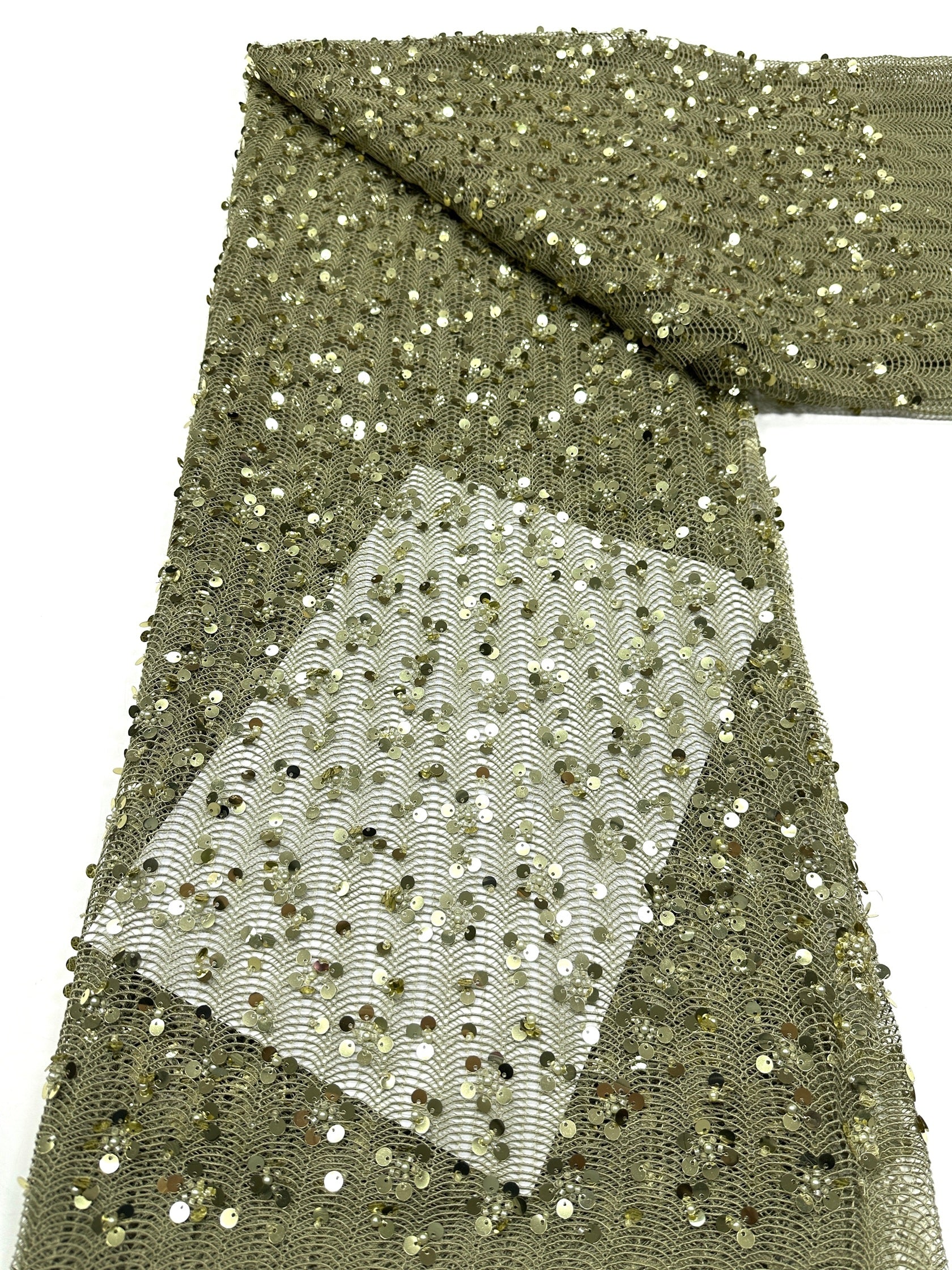 BLS6634#	High End Handmade Beaded Sequin Lace Fabric Gold Mesh Embroidery Lace For Wedding Bridal Evening Dress Apparel Fabric