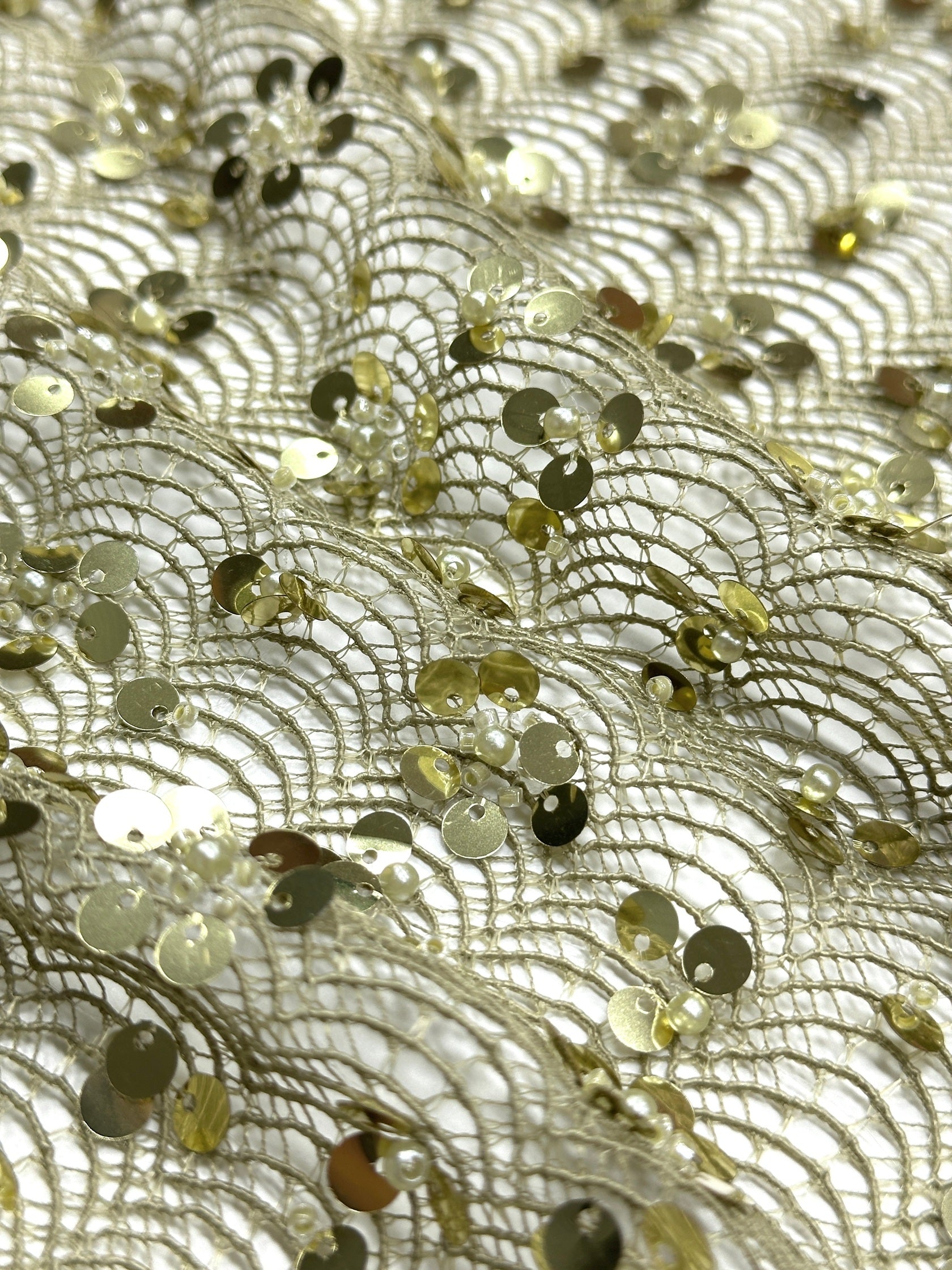 BLS6634#	High End Handmade Beaded Sequin Lace Fabric Gold Mesh Embroidery Lace For Wedding Bridal Evening Dress Apparel Fabric