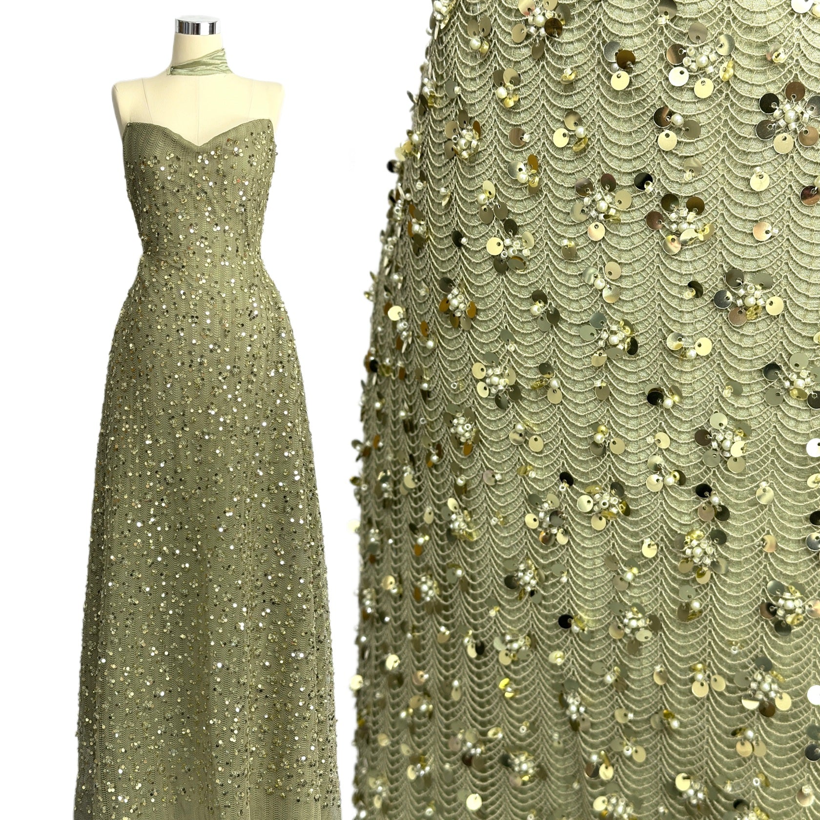 BLS6634#	High End Handmade Beaded Sequin Lace Fabric Gold Mesh Embroidery Lace For Wedding Bridal Evening Dress Apparel Fabric