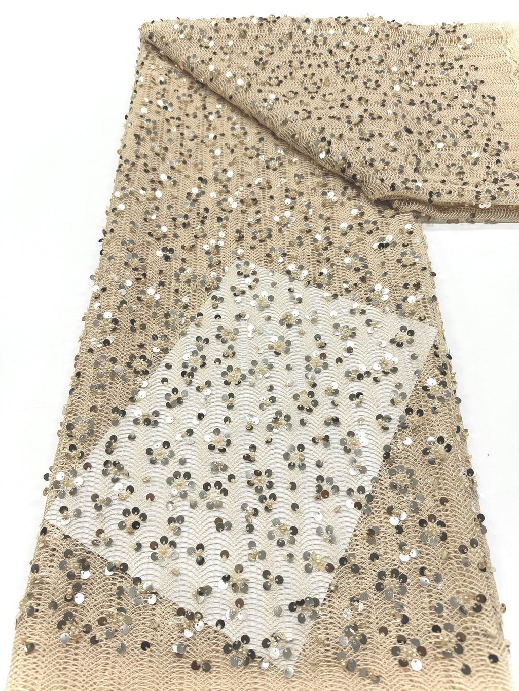 BLS6634#	High End Handmade Beaded Sequin Lace Fabric Gold Mesh Embroidery Lace For Wedding Bridal Evening Dress Apparel Fabric