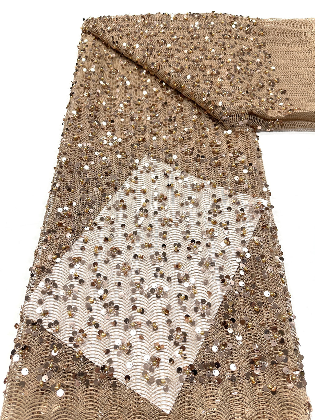 BLS6634#	High End Handmade Beaded Sequin Lace Fabric Gold Mesh Embroidery Lace For Wedding Bridal Evening Dress Apparel Fabric