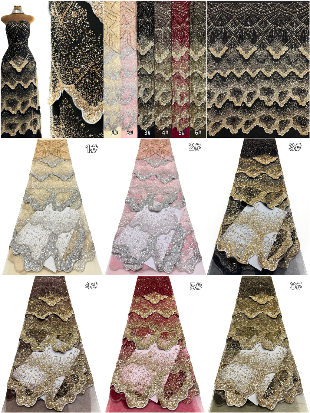 BLS6650#	Heavy Handmade Gold Beaded Lace Fabric Scalloped Wave Sequin Embroidery Net Material For Mermaid Party Dresses