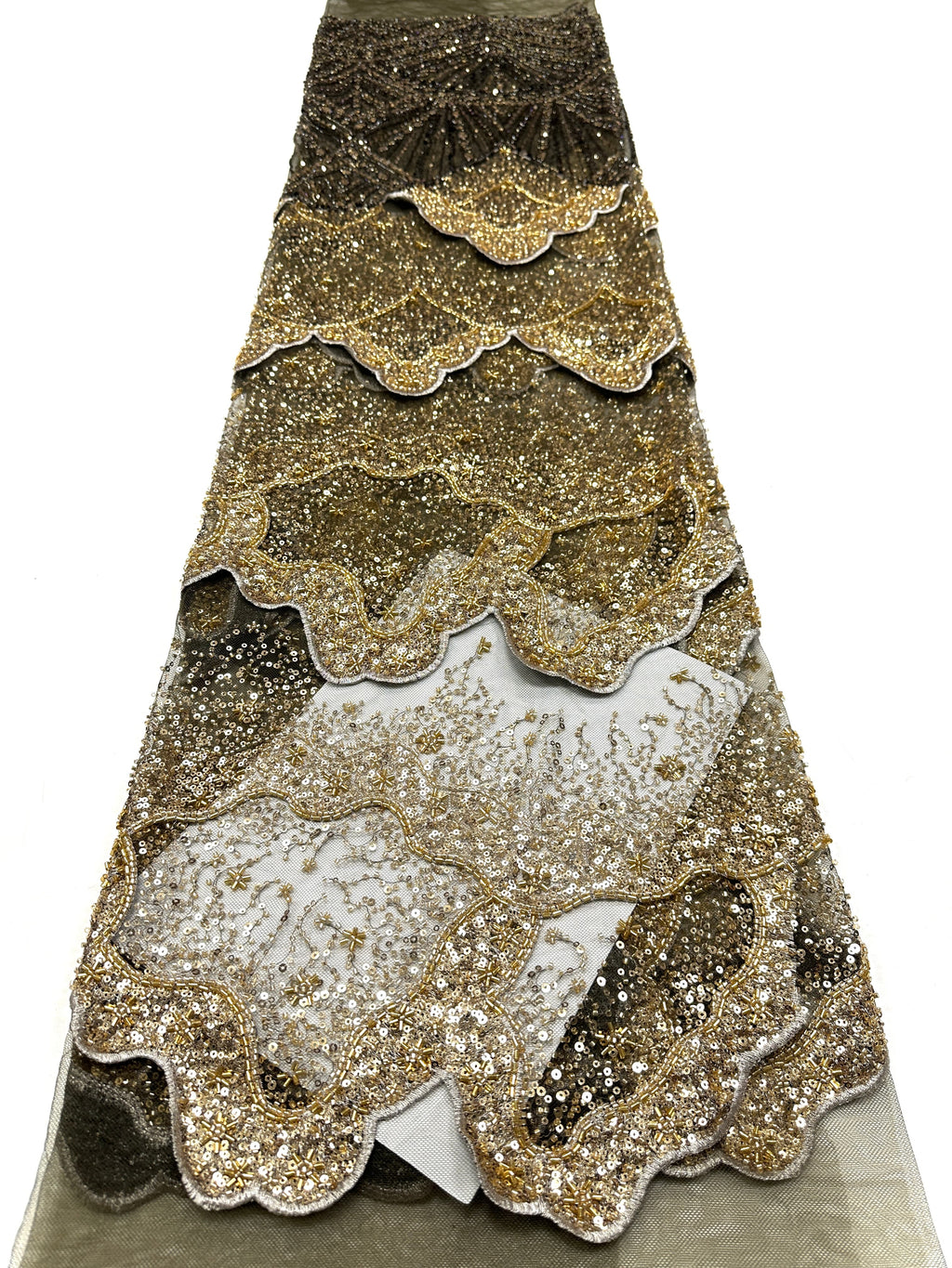 BLS6650#	Heavy Handmade Gold Beaded Lace Fabric Scalloped Wave Sequin Embroidery Net Material For Mermaid Party Dresses