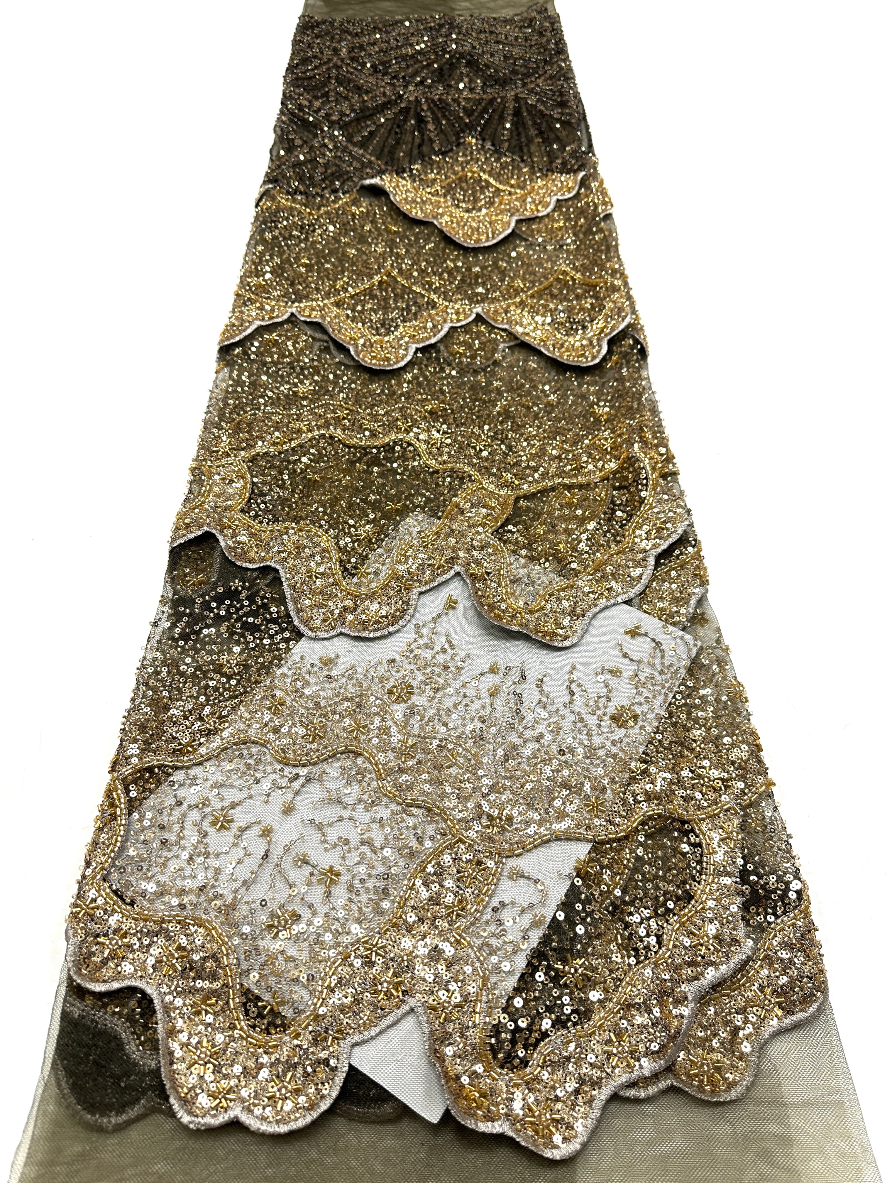 BLS6650#	Heavy Handmade Gold Beaded Lace Fabric Scalloped Wave Sequin Embroidery Net Material For Mermaid Party Dresses