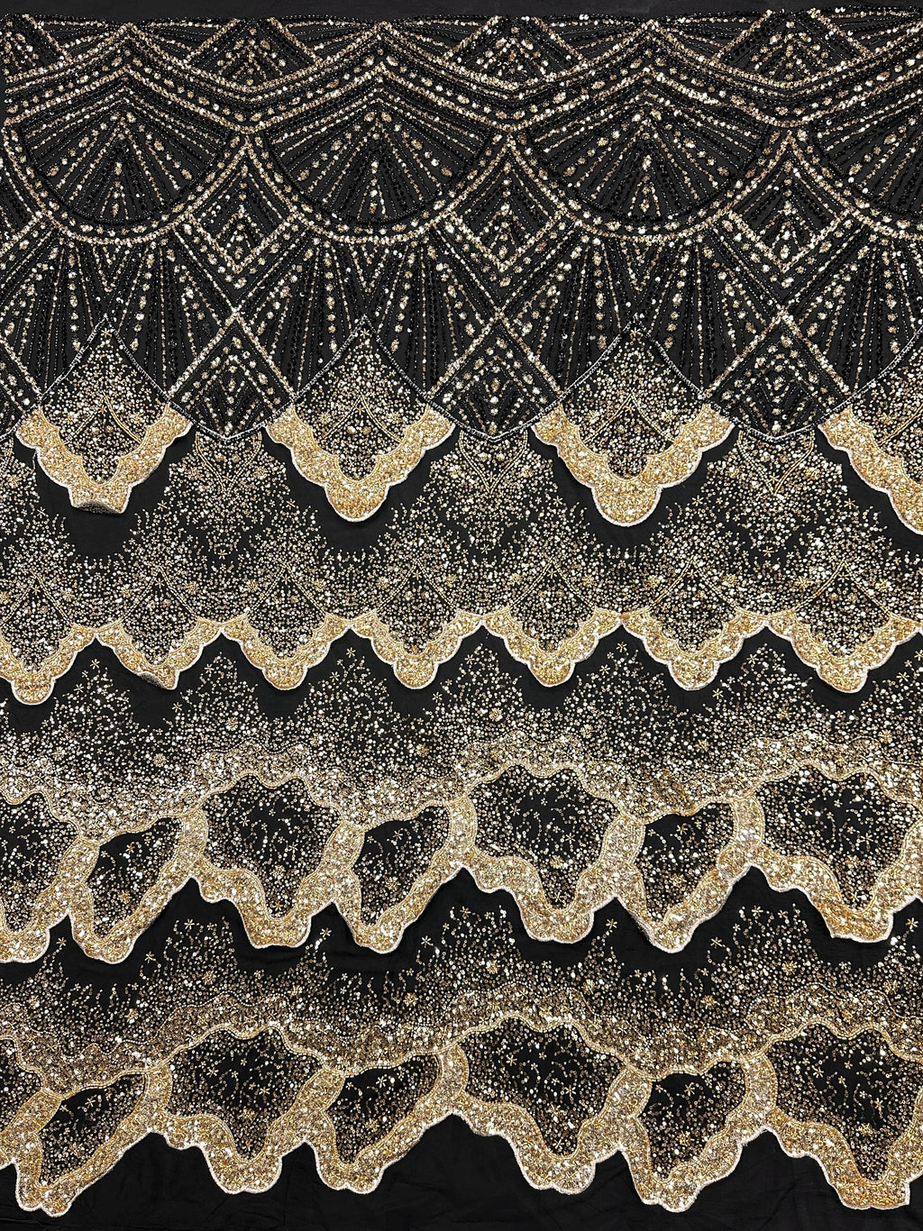 BLS6650#	Heavy Handmade Gold Beaded Lace Fabric Scalloped Wave Sequin Embroidery Net Material For Mermaid Party Dresses