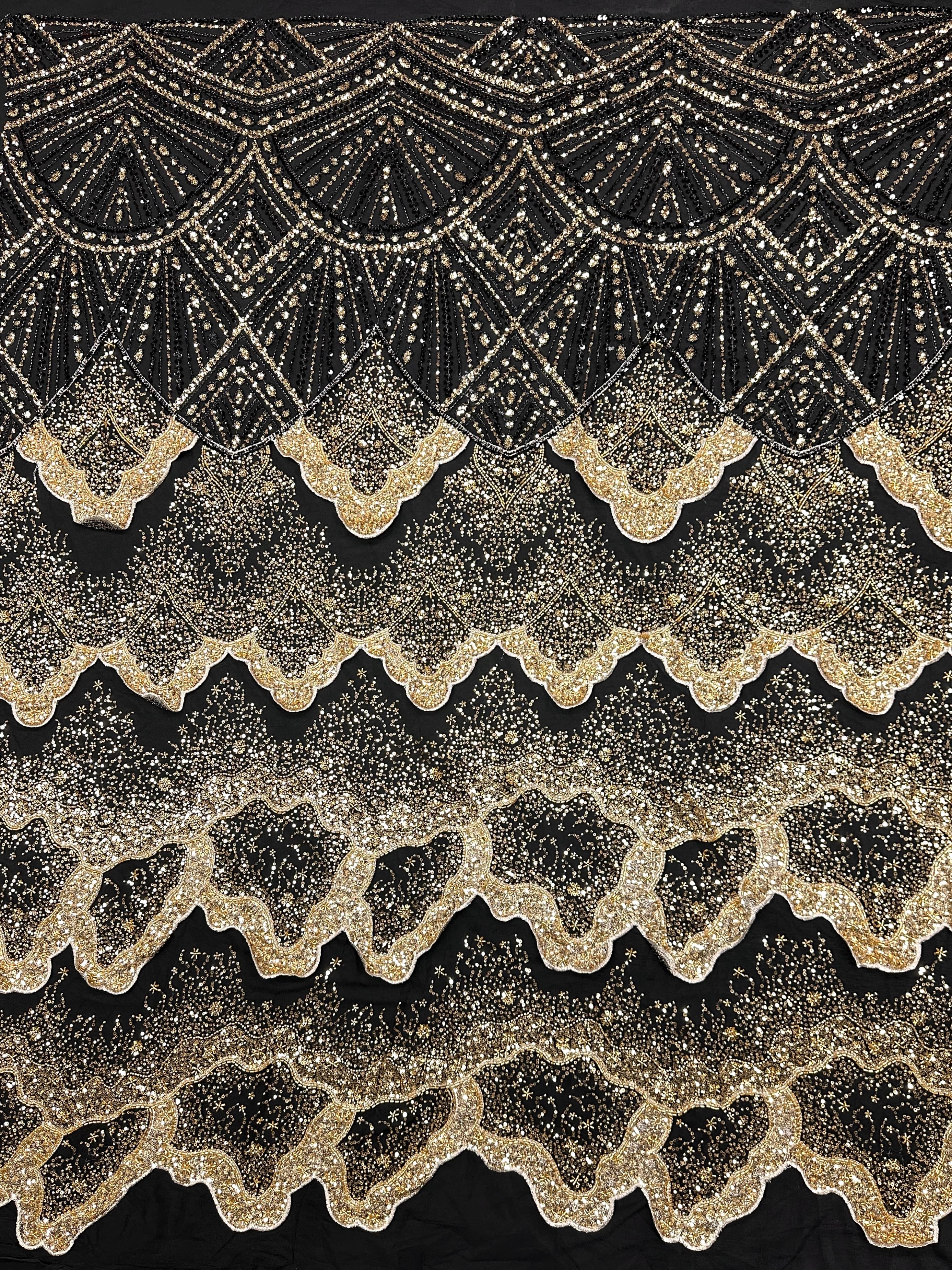 BLS6650#	Heavy Handmade Gold Beaded Lace Fabric Scalloped Wave Sequin Embroidery Net Material For Mermaid Party Dresses