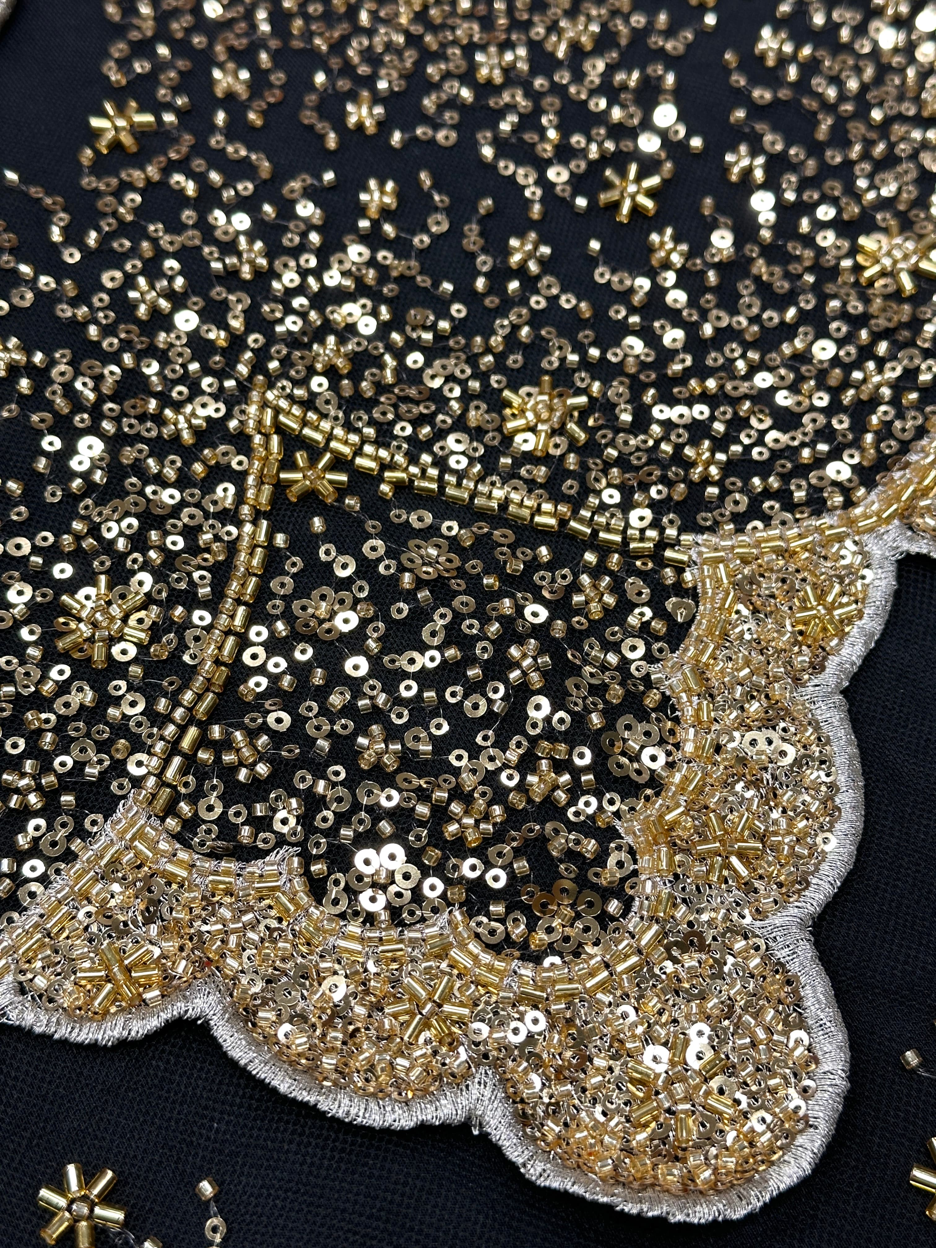 BLS6650#	Heavy Handmade Gold Beaded Lace Fabric Scalloped Wave Sequin Embroidery Net Material For Mermaid Party Dresses