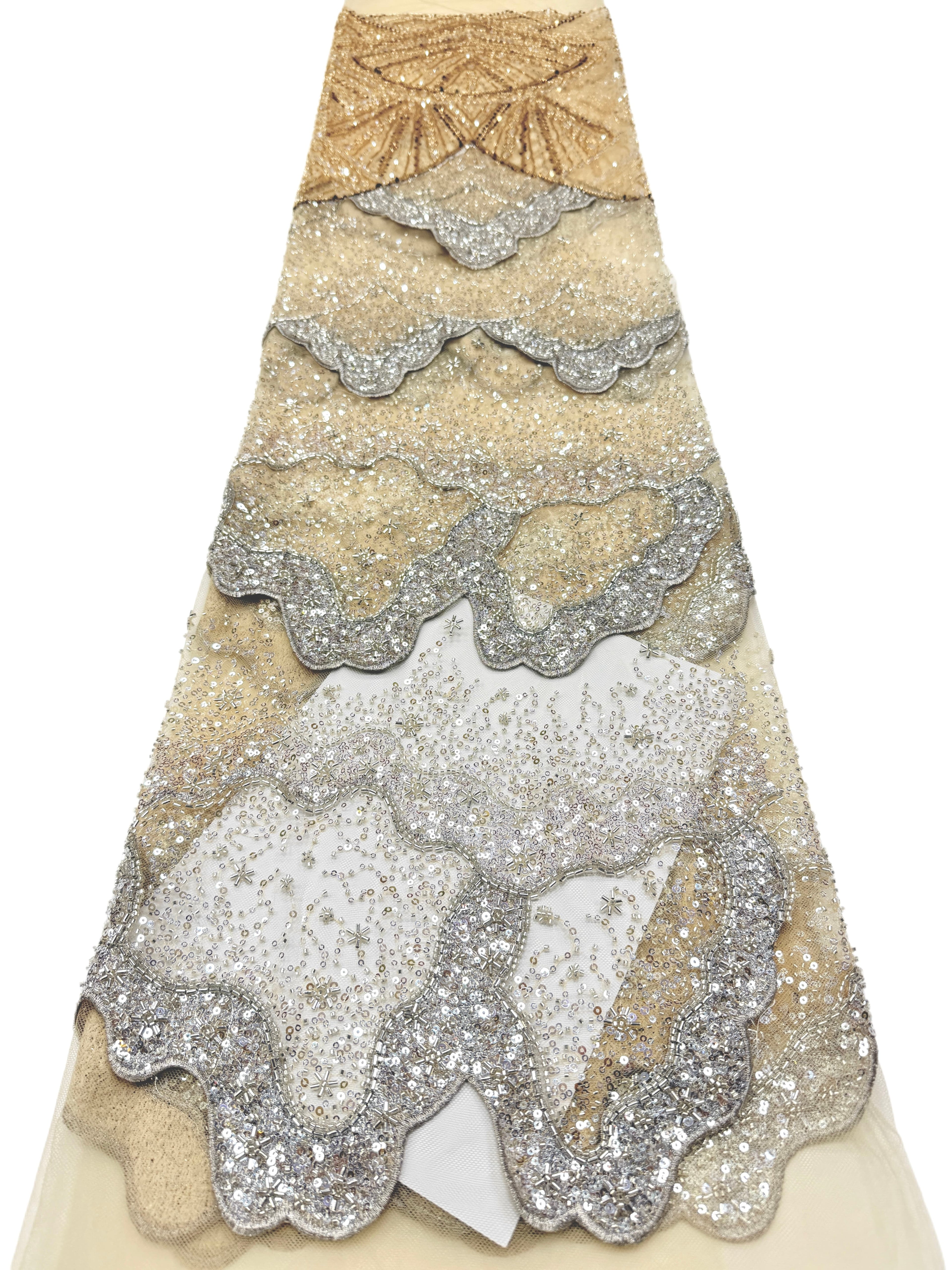 BLS6650#	Heavy Handmade Gold Beaded Lace Fabric Scalloped Wave Sequin Embroidery Net Material For Mermaid Party Dresses