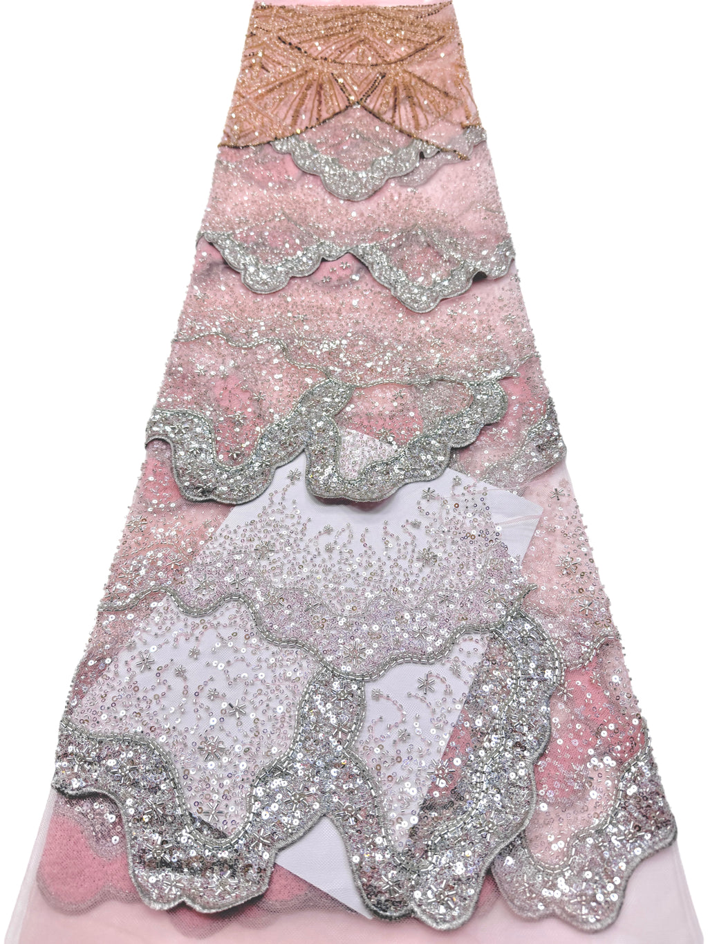 BLS6650#	Heavy Handmade Gold Beaded Lace Fabric Scalloped Wave Sequin Embroidery Net Material For Mermaid Party Dresses