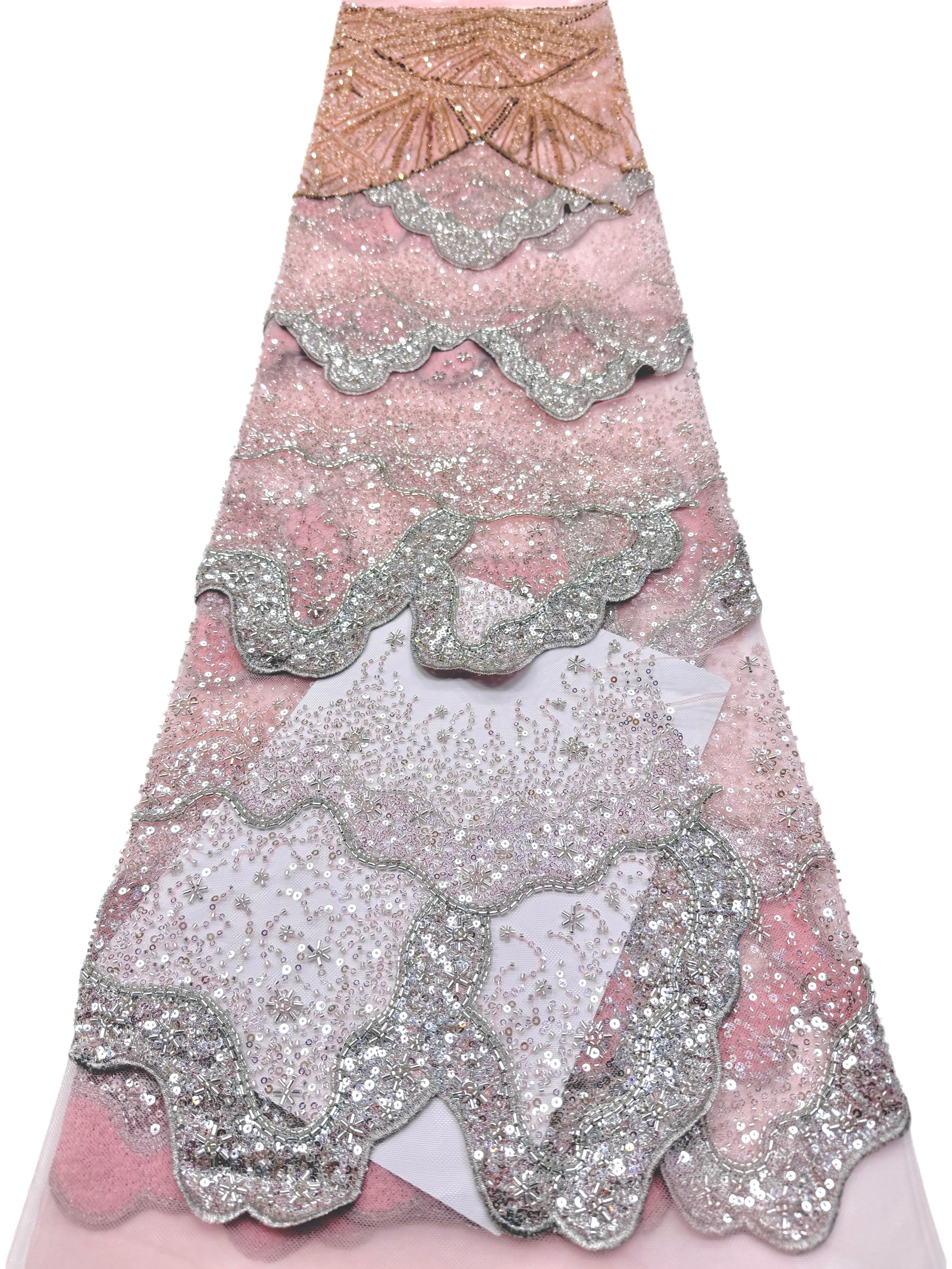 BLS6650#	Heavy Handmade Gold Beaded Lace Fabric Scalloped Wave Sequin Embroidery Net Material For Mermaid Party Dresses