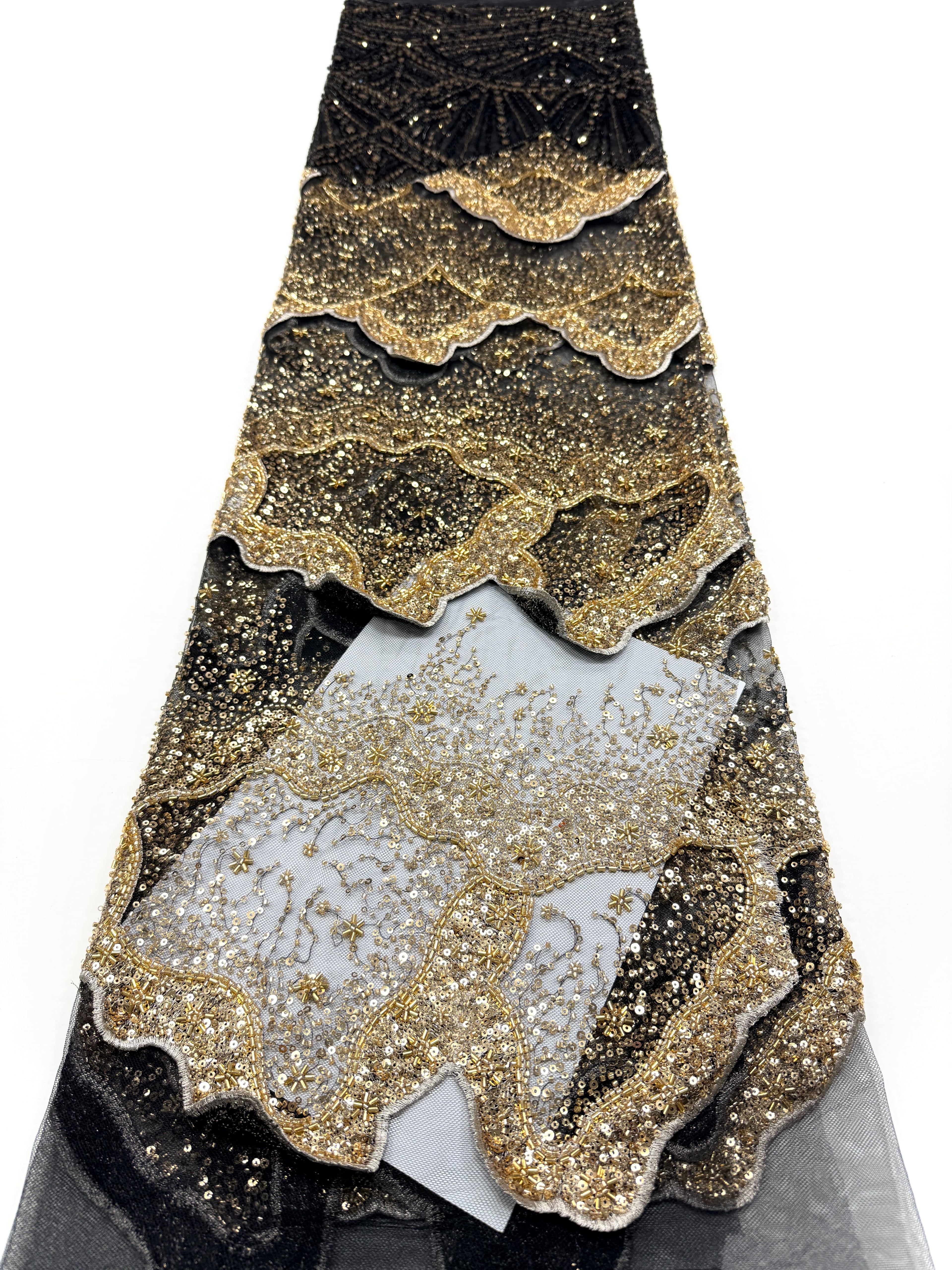 BLS6650#	Heavy Handmade Gold Beaded Lace Fabric Scalloped Wave Sequin Embroidery Net Material For Mermaid Party Dresses