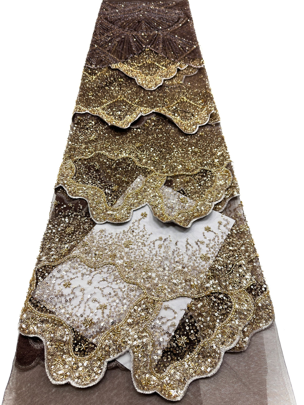 BLS6650#	Heavy Handmade Gold Beaded Lace Fabric Scalloped Wave Sequin Embroidery Net Material For Mermaid Party Dresses