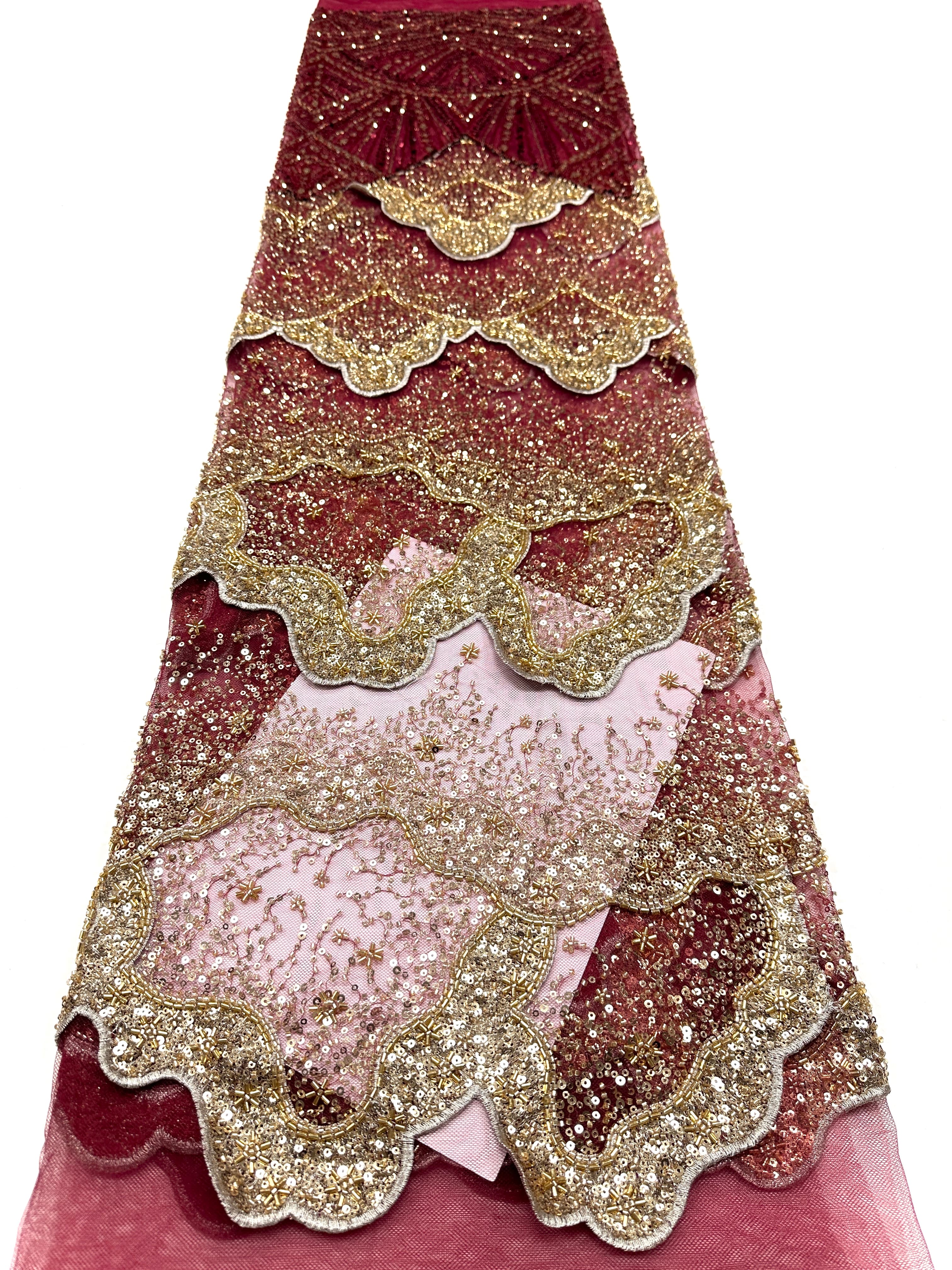 BLS6650#	Heavy Handmade Gold Beaded Lace Fabric Scalloped Wave Sequin Embroidery Net Material For Mermaid Party Dresses