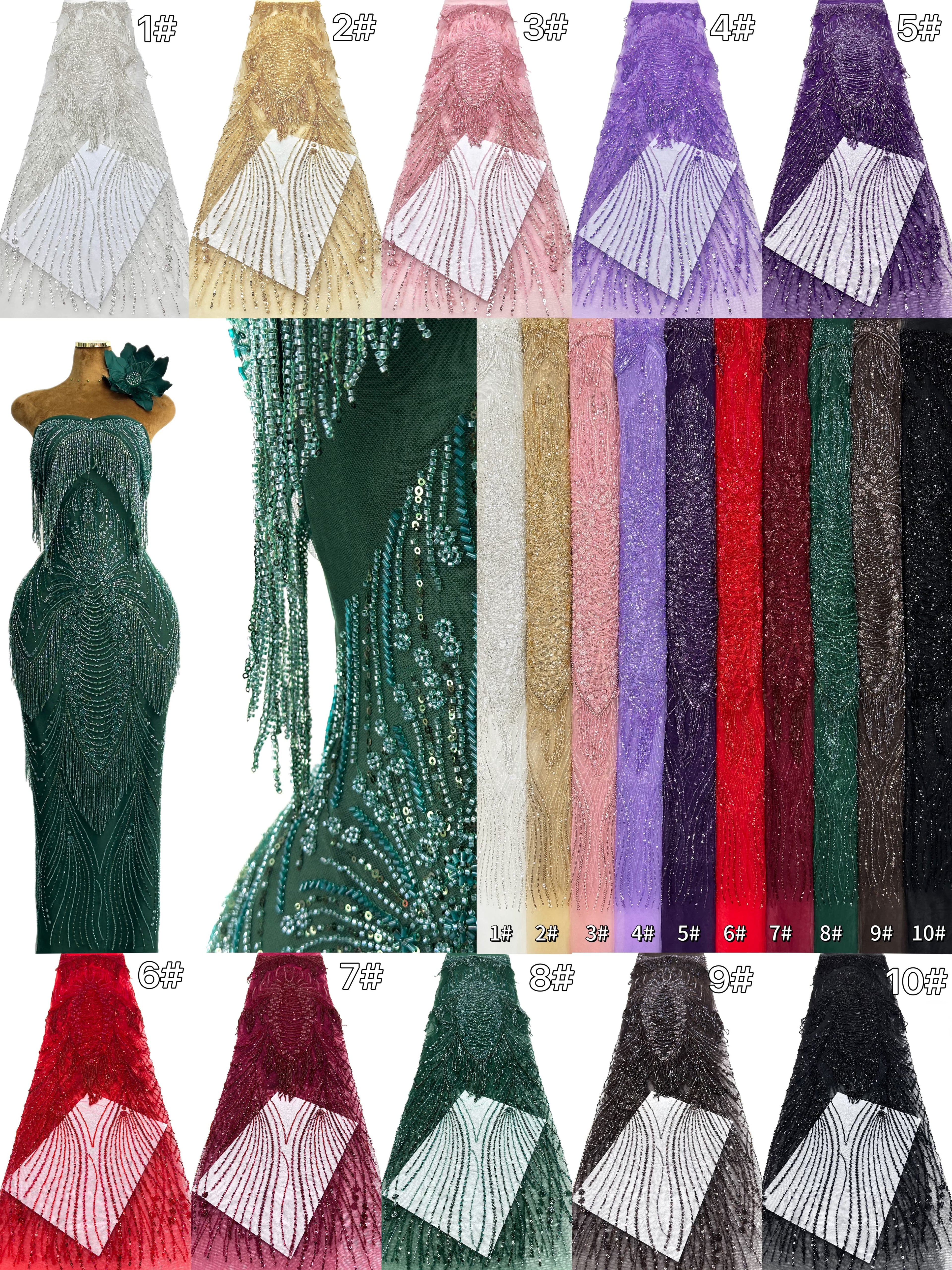 BLS6651#	Handmade Heavy Fringe Tassel Beaded Lace  Peacock Pattern Sequin Embroidery Net Fabric For Formal Party Dresses