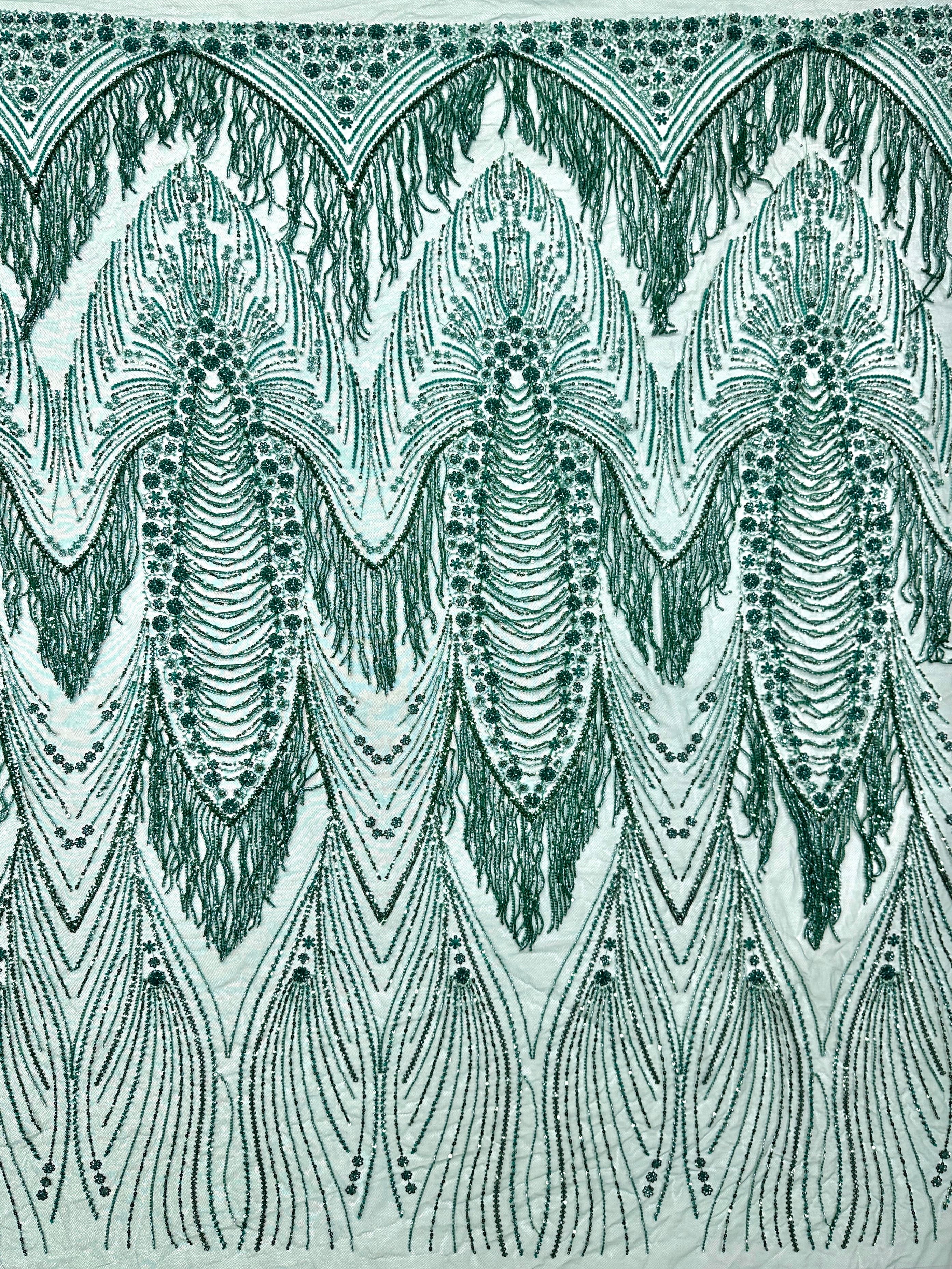 BLS6651#	Handmade Heavy Fringe Tassel Beaded Lace  Peacock Pattern Sequin Embroidery Net Fabric For Formal Party Dresses