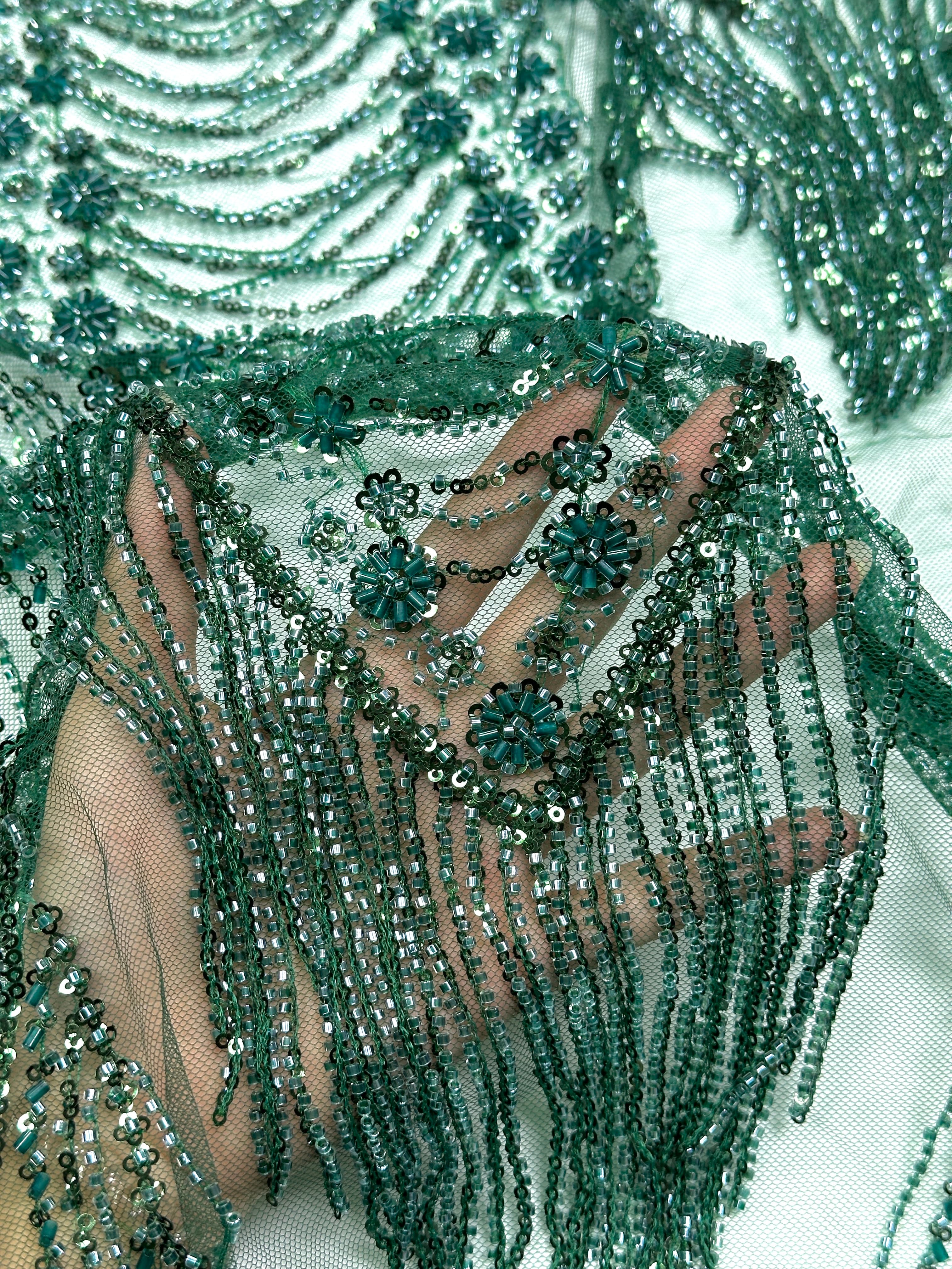 BLS6651#	Handmade Heavy Fringe Tassel Beaded Lace  Peacock Pattern Sequin Embroidery Net Fabric For Formal Party Dresses