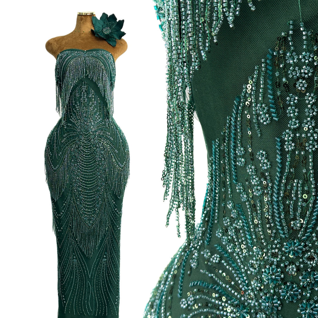 BLS6651#	Handmade Heavy Fringe Tassel Beaded Lace  Peacock Pattern Sequin Embroidery Net Fabric For Formal Party Dresses