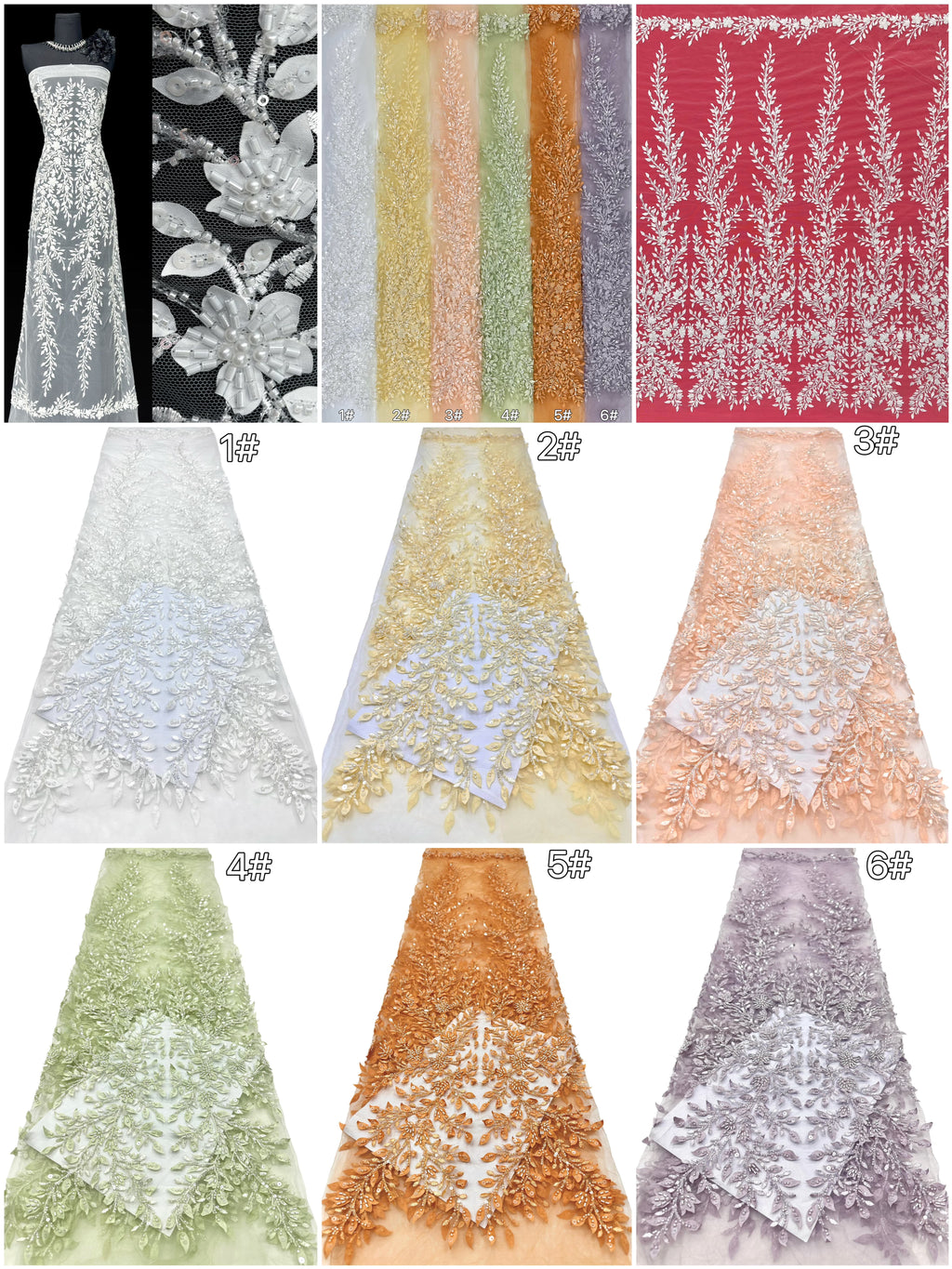 BLS6660#	Pearl Beaded Leaf Vine Tulle Lace Fabric Sequined Embroidered Lace Fabric for Wedding Dresses Bridal Gowns