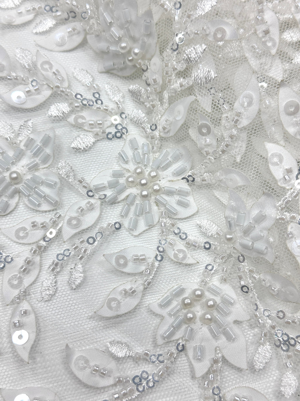 BLS6660#	Pearl Beaded Leaf Vine Tulle Lace Fabric Sequined Embroidered Lace Fabric for Wedding Dresses Bridal Gowns