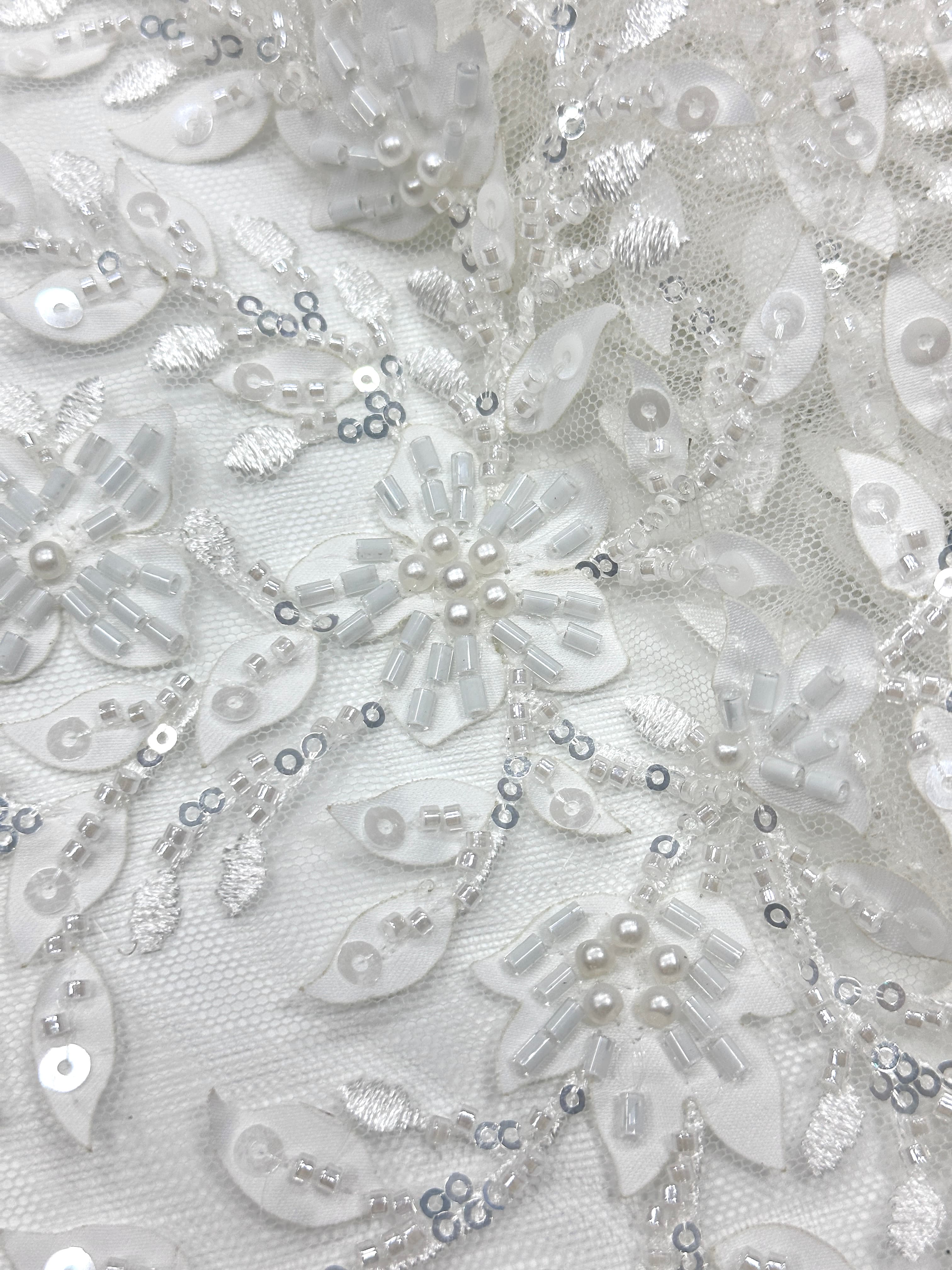 BLS6660#	Pearl Beaded Leaf Vine Tulle Lace Fabric Sequined Embroidered Lace Fabric for Wedding Dresses Bridal Gowns