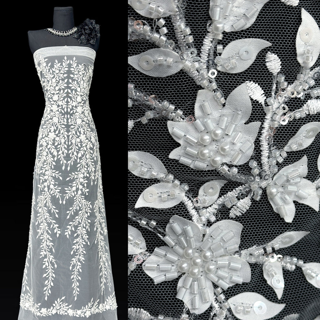 BLS6660#	Pearl Beaded Leaf Vine Tulle Lace Fabric Sequined Embroidered Lace Fabric for Wedding Dresses Bridal Gowns