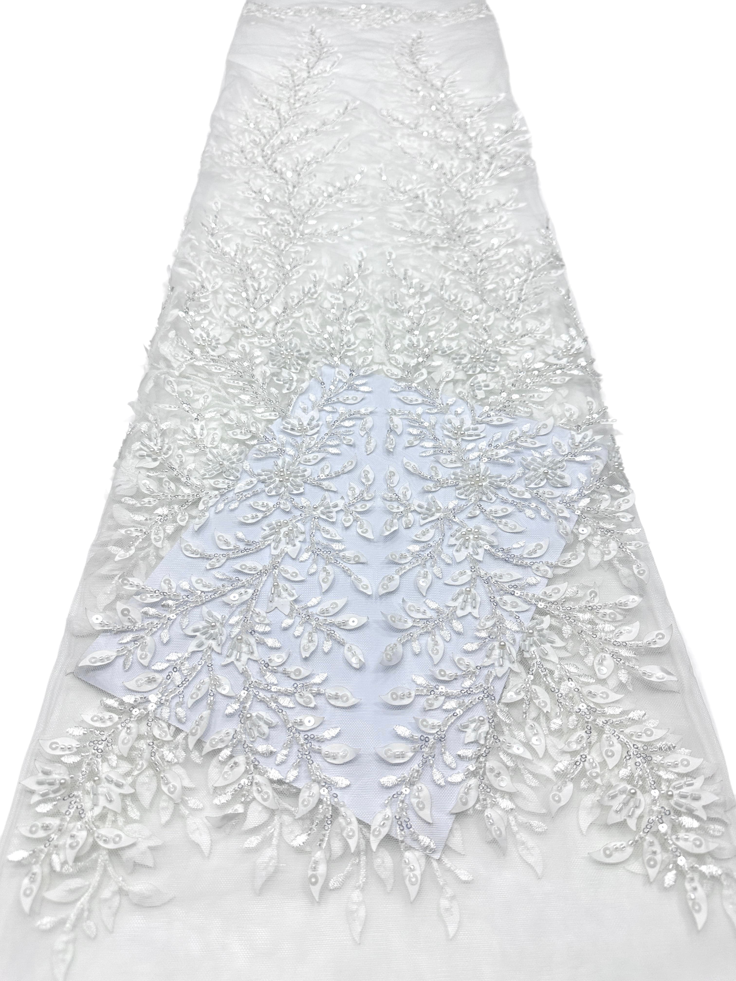 BLS6660#	Pearl Beaded Leaf Vine Tulle Lace Fabric Sequined Embroidered Lace Fabric for Wedding Dresses Bridal Gowns