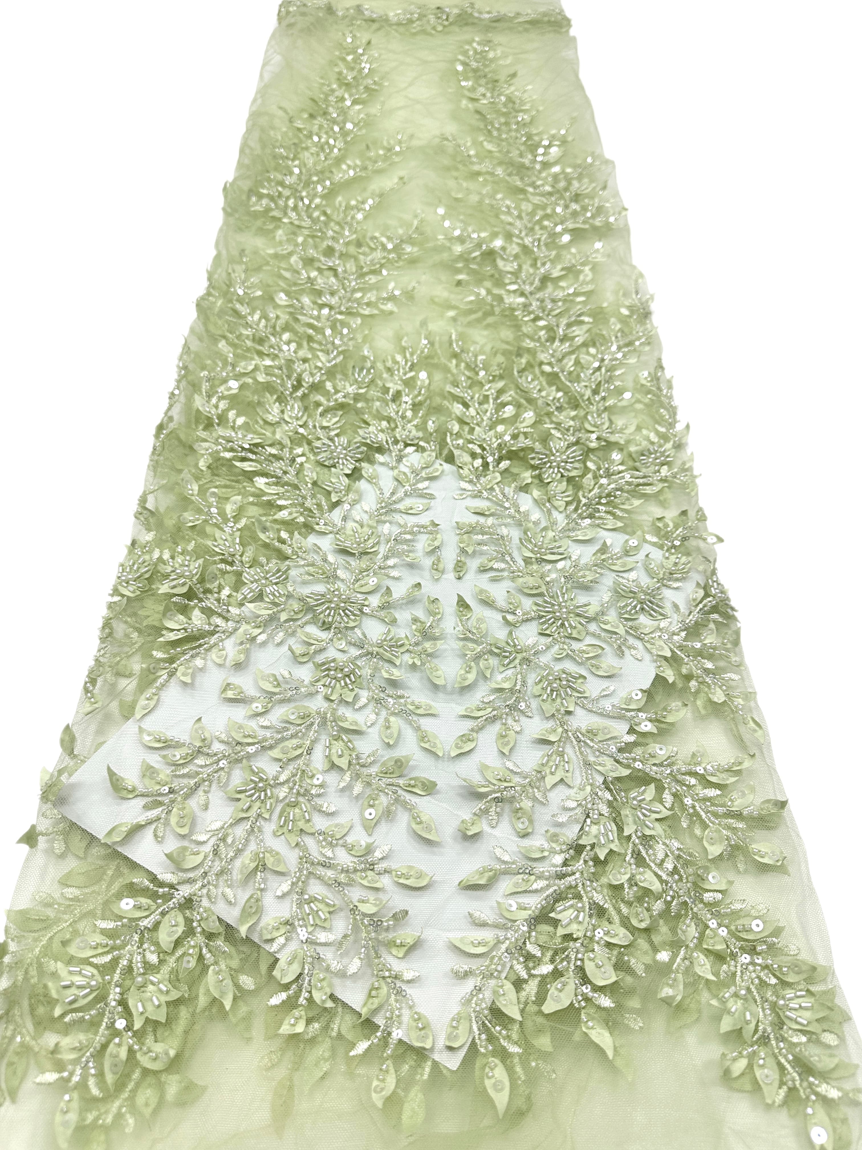 BLS6660#	Pearl Beaded Leaf Vine Tulle Lace Fabric Sequined Embroidered Lace Fabric for Wedding Dresses Bridal Gowns