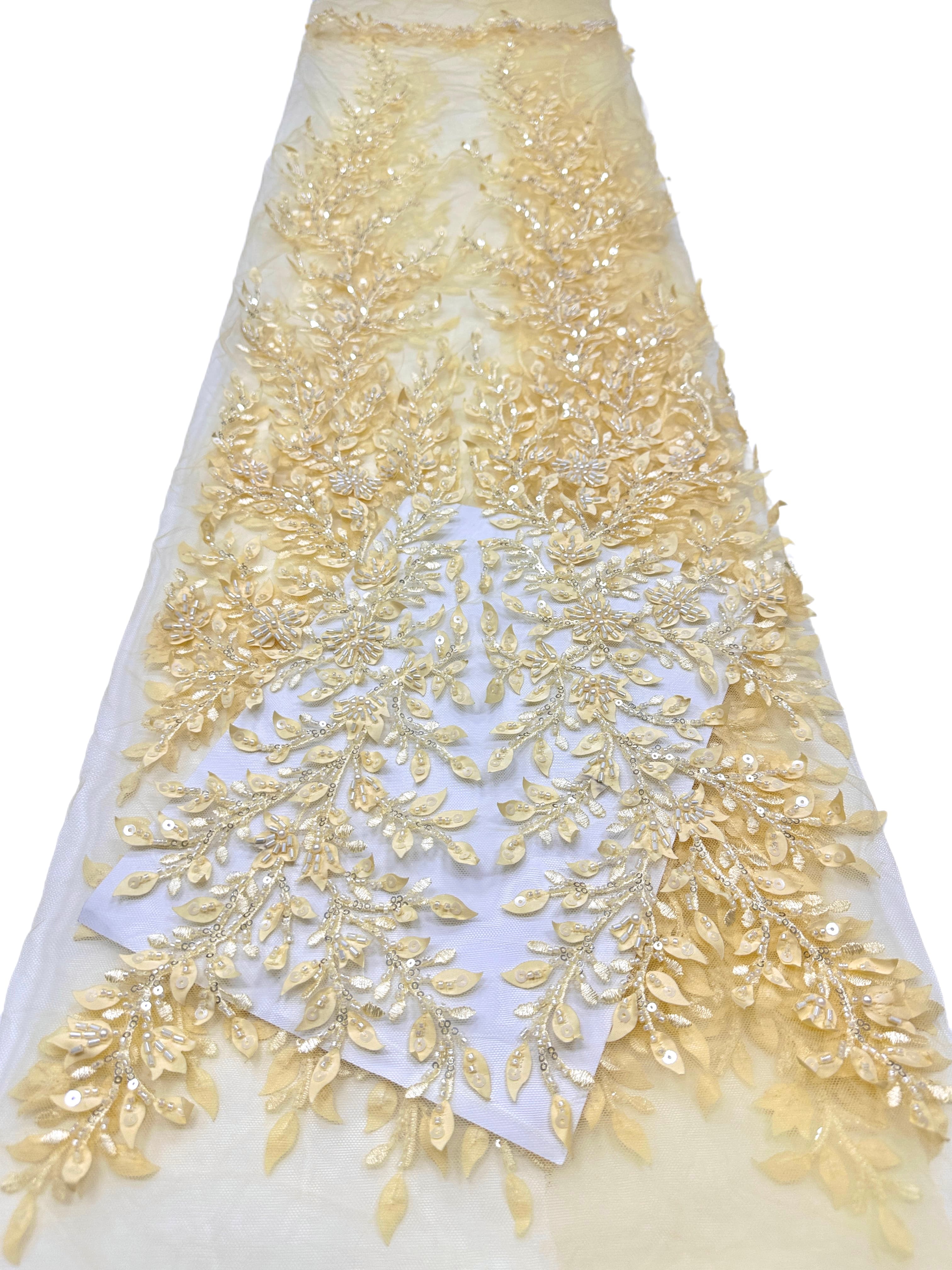 BLS6660#	Pearl Beaded Leaf Vine Tulle Lace Fabric Sequined Embroidered Lace Fabric for Wedding Dresses Bridal Gowns