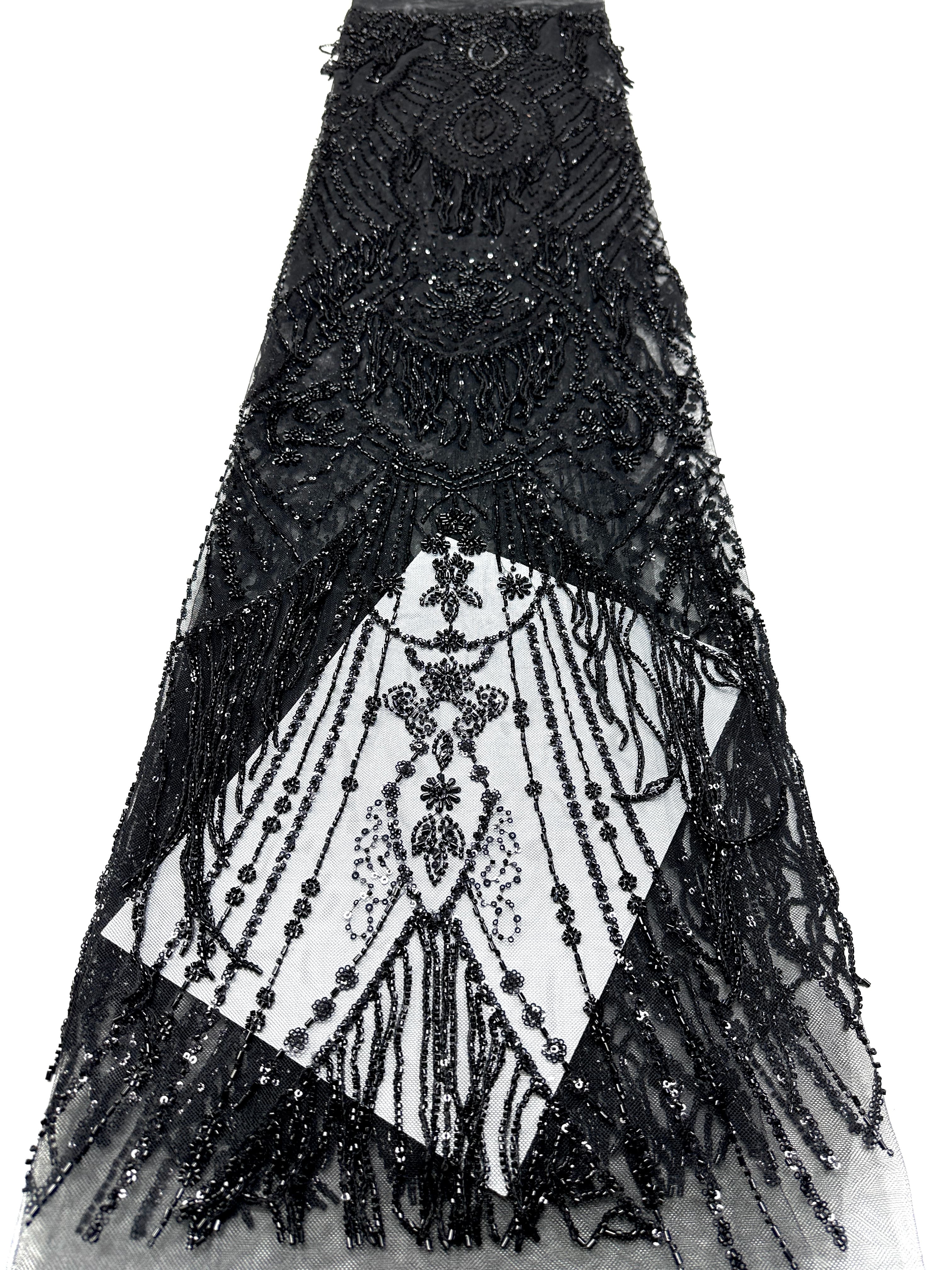 BLS6661#	Heavy Beaded Sequined Border Lace Fabric Geometric Tulle Lace Fabric for Wedding Dresses Evening Gowns