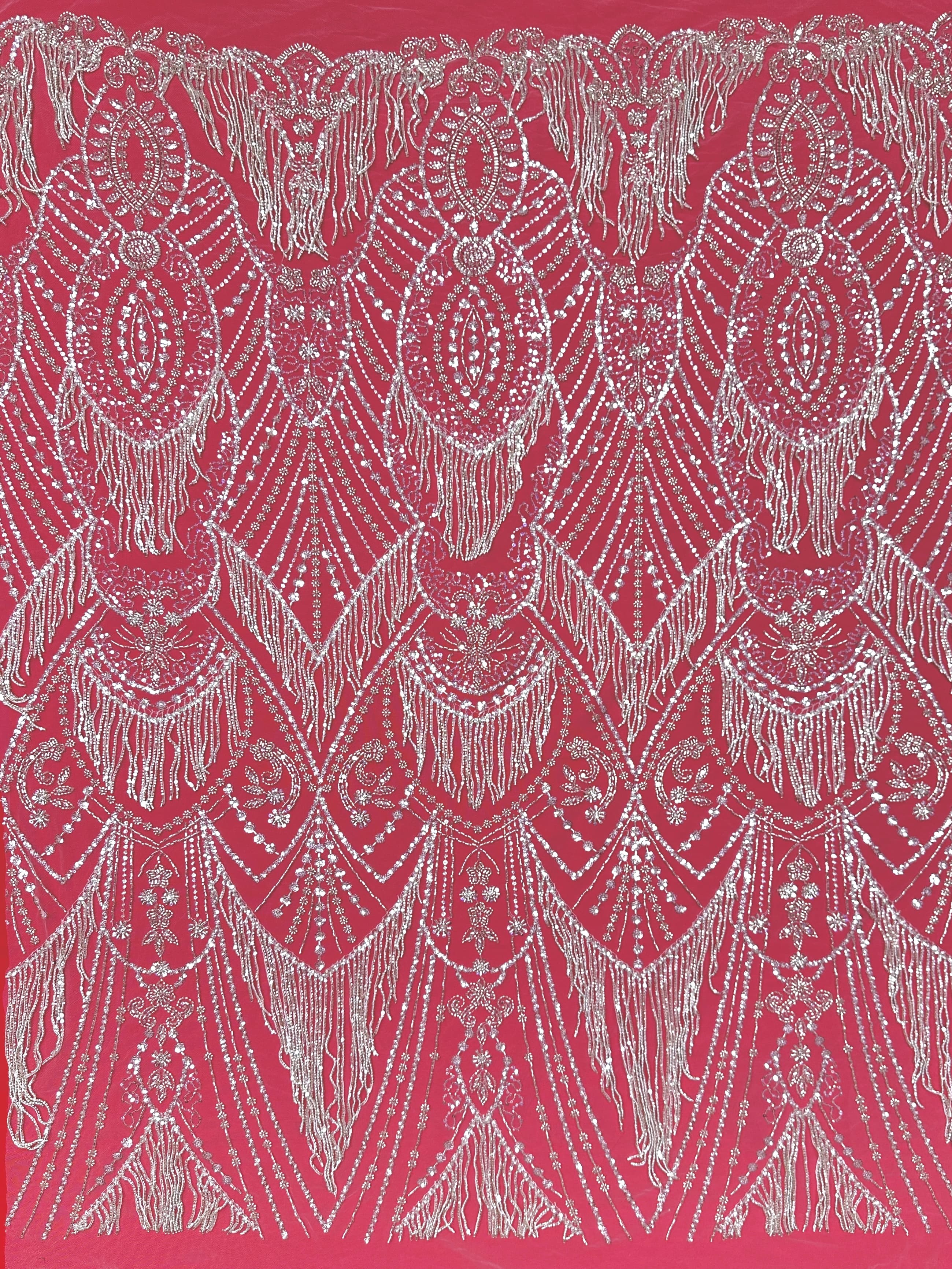 BLS6661#	Heavy Beaded Sequined Border Lace Fabric Geometric Tulle Lace Fabric for Wedding Dresses Evening Gowns