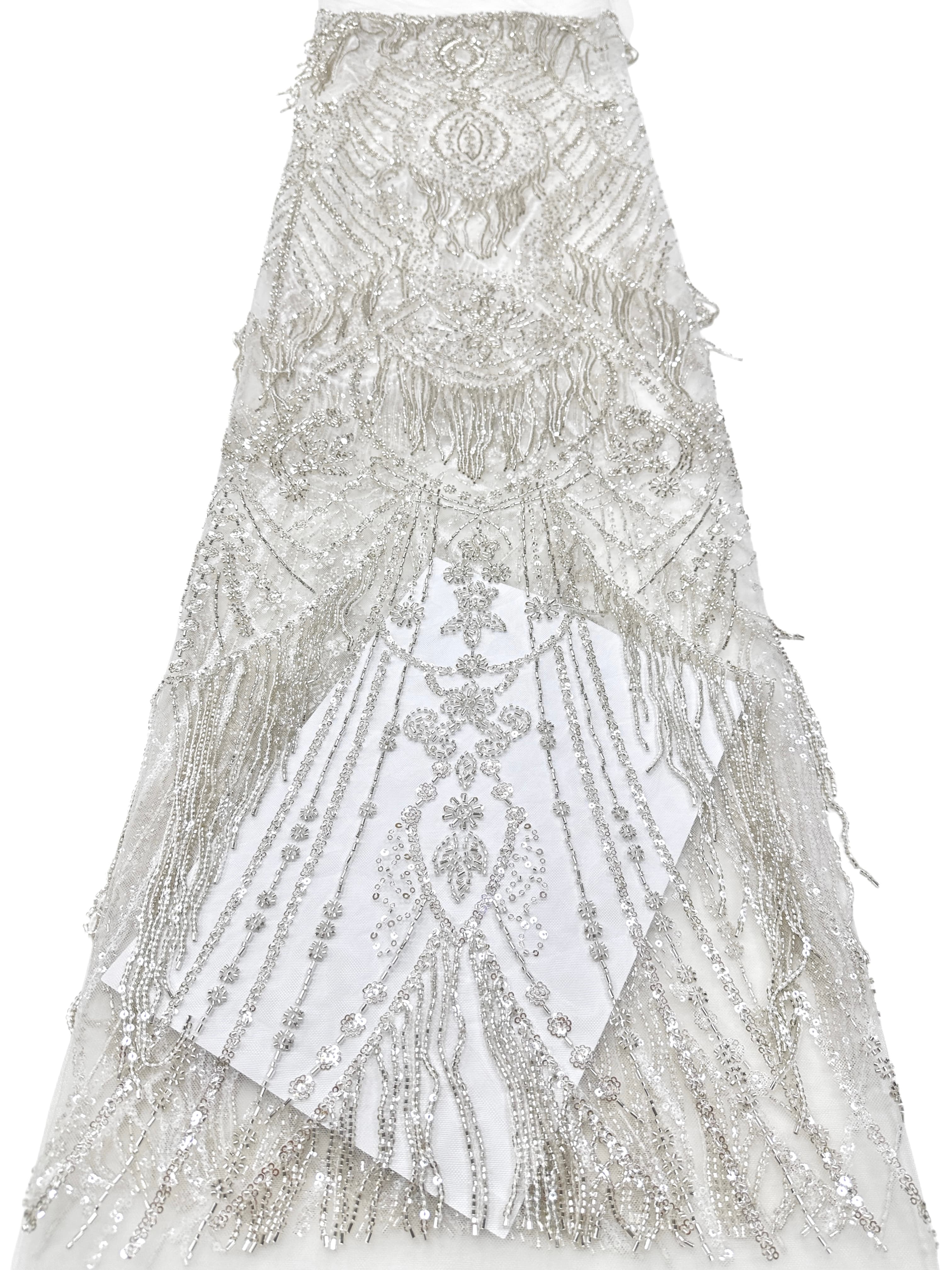 BLS6661#	Heavy Beaded Sequined Border Lace Fabric Geometric Tulle Lace Fabric for Wedding Dresses Evening Gowns