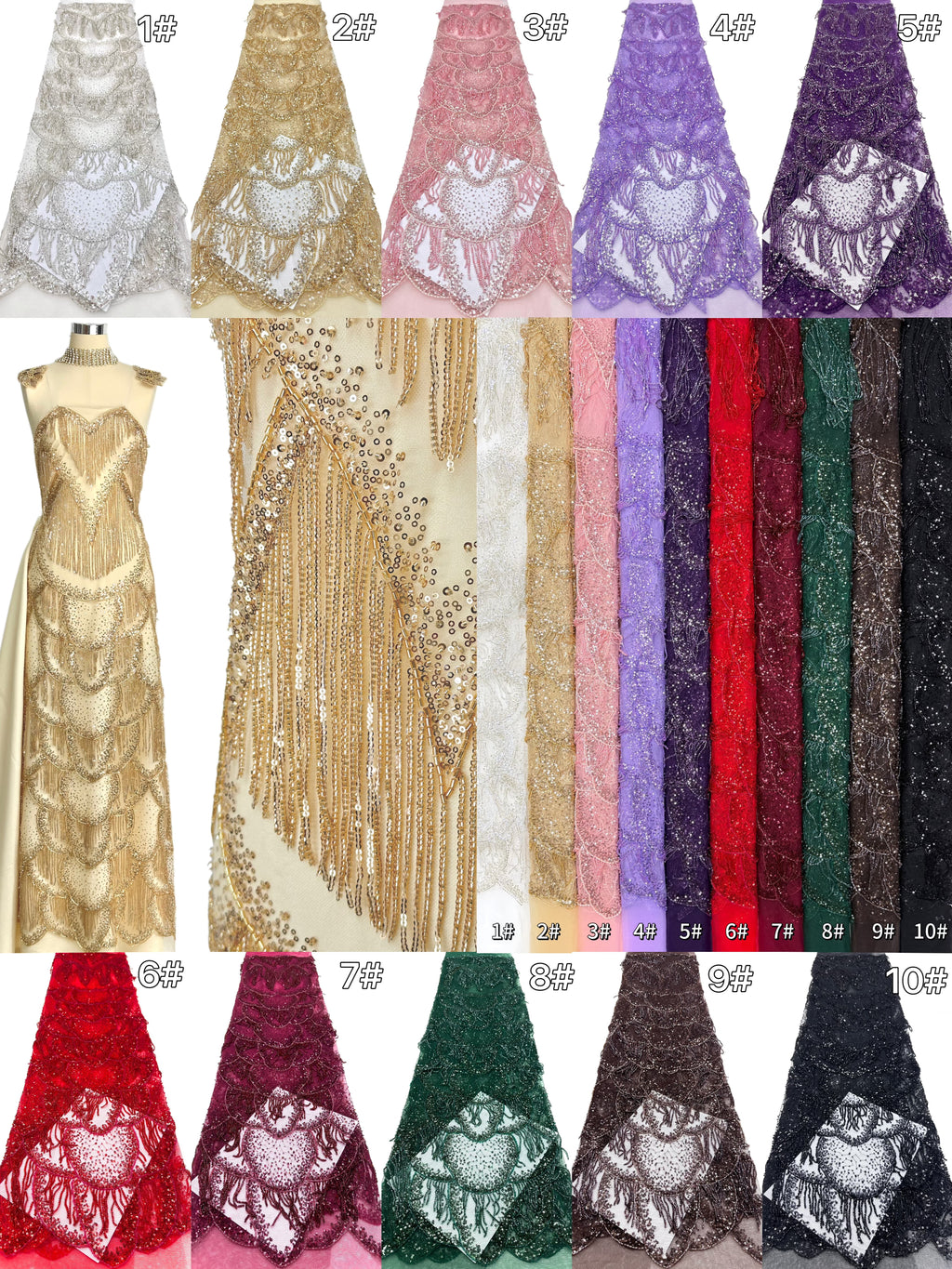 BLS6662#	Heavy Beaded Sequined Fringe Border Lace Fabric Geometric Tulle Lace Fabric for Wedding Evening Gowns