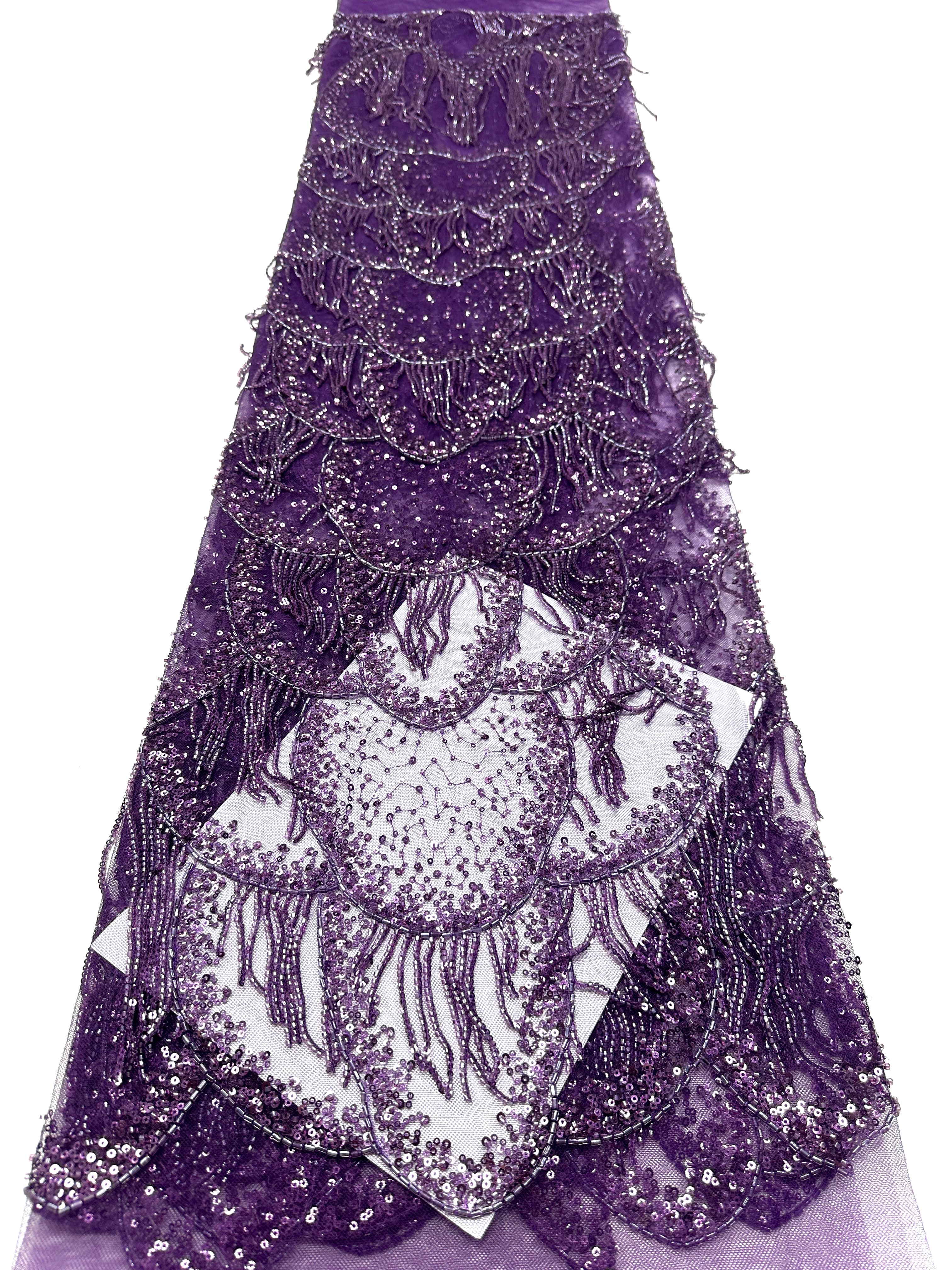 BLS6662#	Heavy Beaded Sequined Fringe Border Lace Fabric Geometric Tulle Lace Fabric for Wedding Evening Gowns