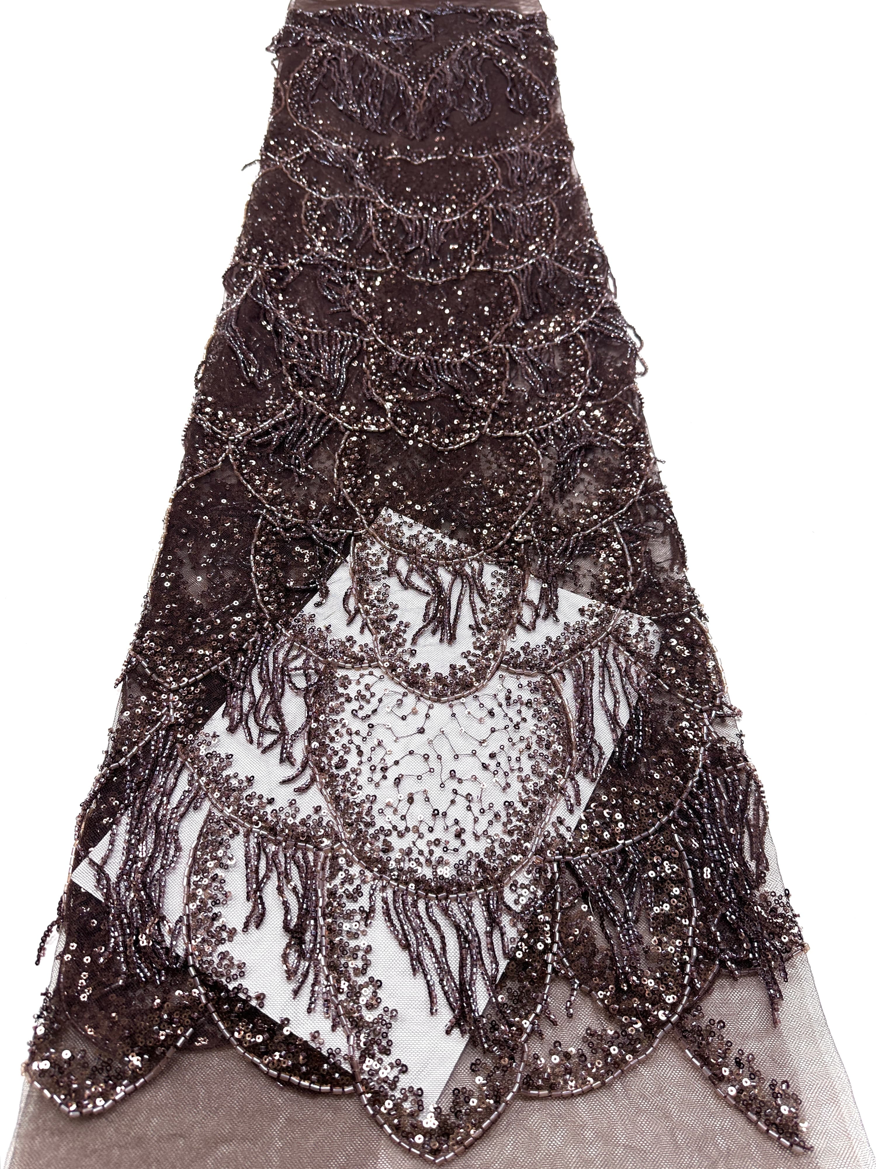 BLS6662#	Heavy Beaded Sequined Fringe Border Lace Fabric Geometric Tulle Lace Fabric for Wedding Evening Gowns