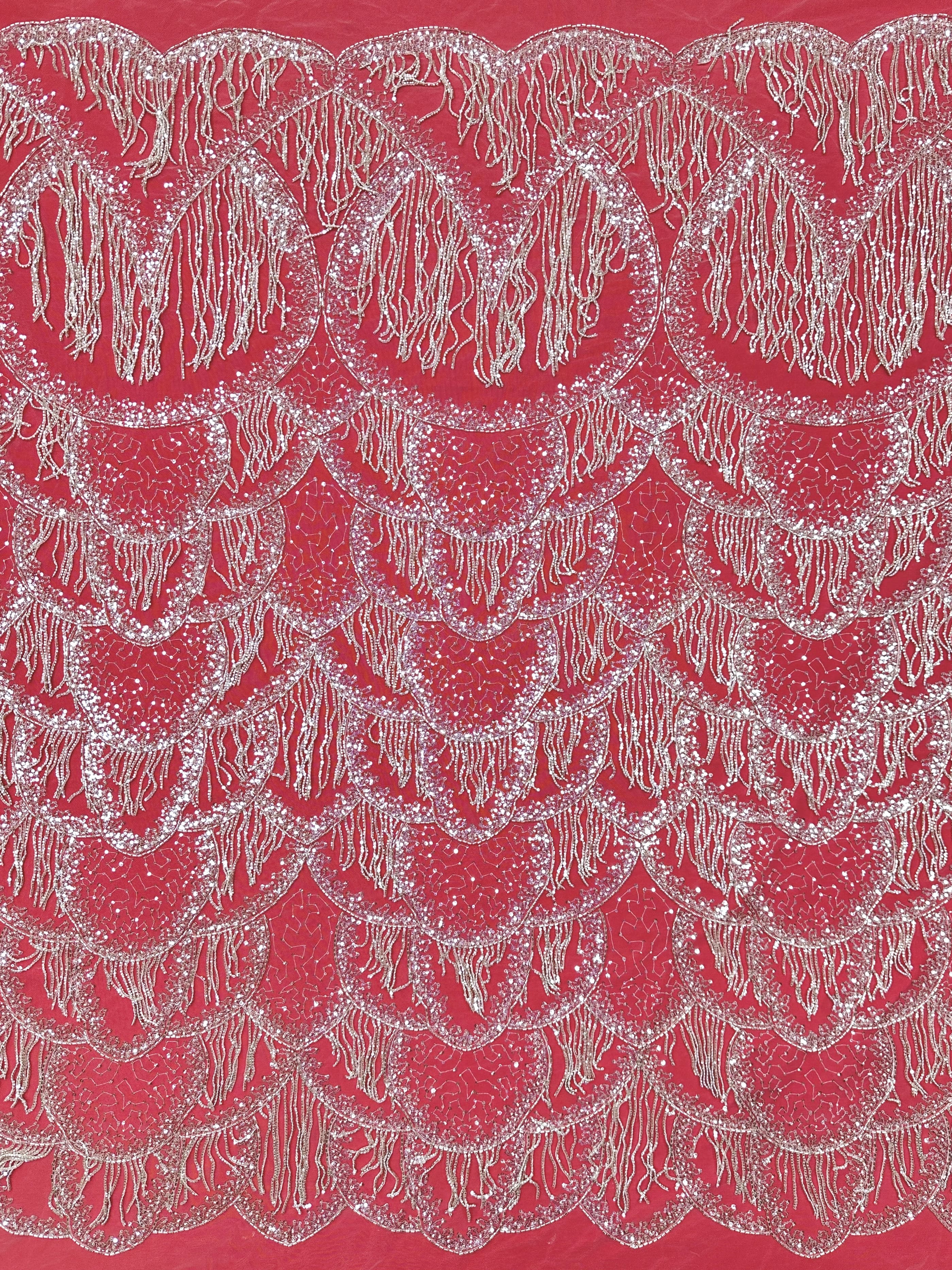 BLS6662#	Heavy Beaded Sequined Fringe Border Lace Fabric Geometric Tulle Lace Fabric for Wedding Evening Gowns