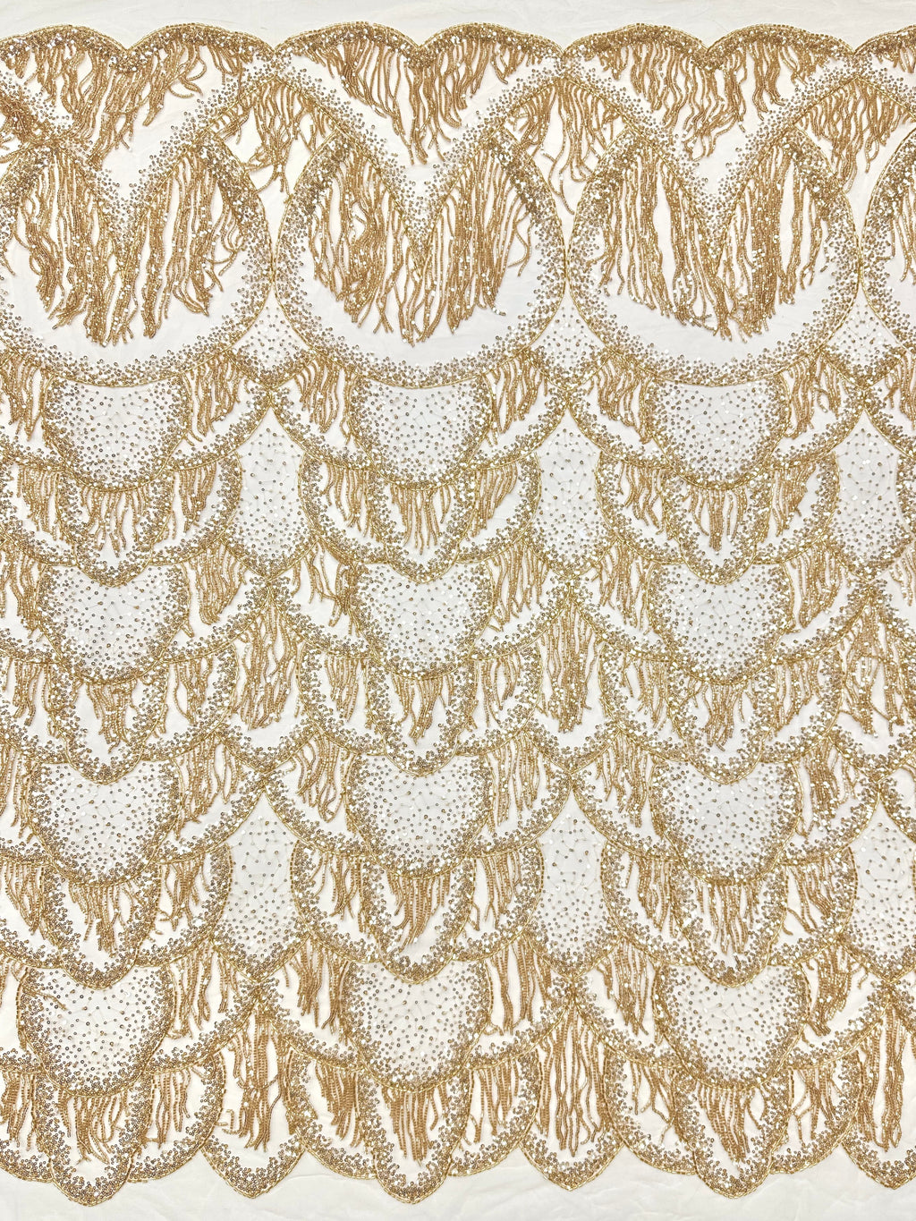 BLS6662#	Heavy Beaded Sequined Fringe Border Lace Fabric Geometric Tulle Lace Fabric for Wedding Evening Gowns