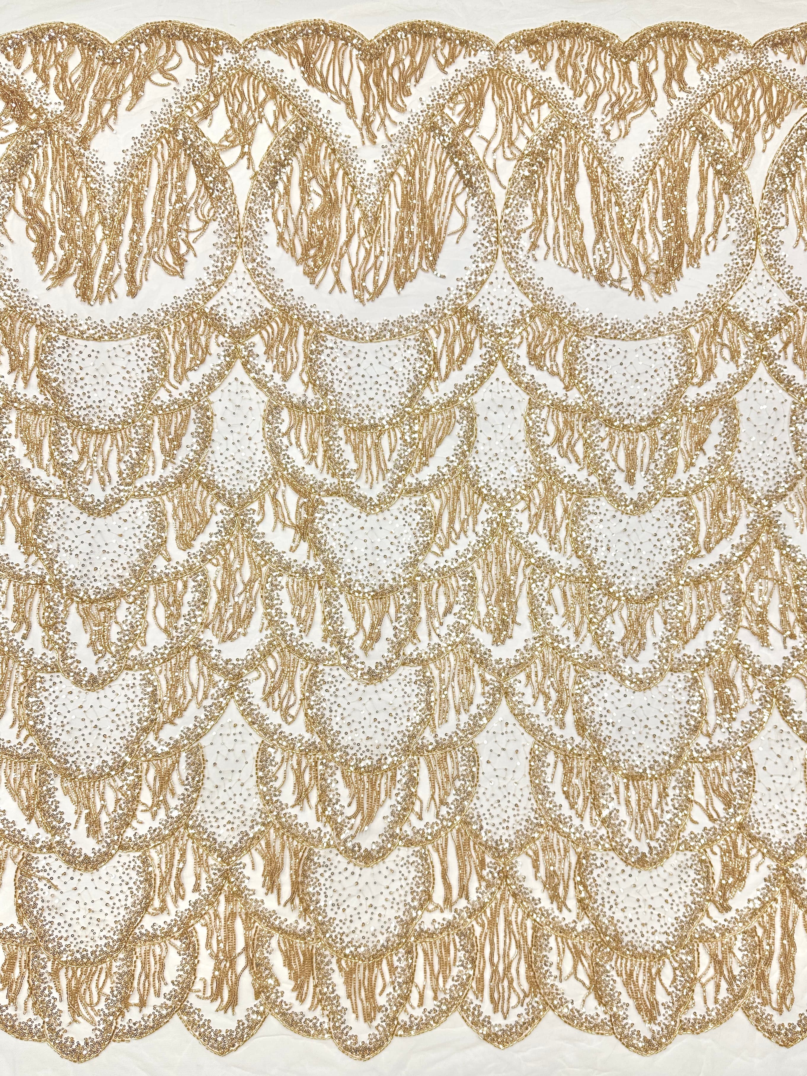 BLS6662#	Heavy Beaded Sequined Fringe Border Lace Fabric Geometric Tulle Lace Fabric for Wedding Evening Gowns
