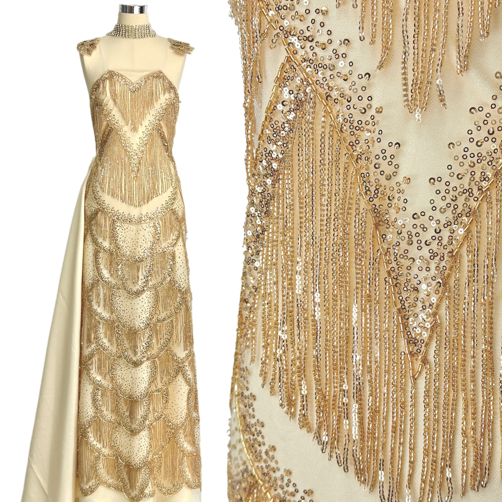 BLS6662#	Heavy Beaded Sequined Fringe Border Lace Fabric Geometric Tulle Lace Fabric for Wedding Evening Gowns