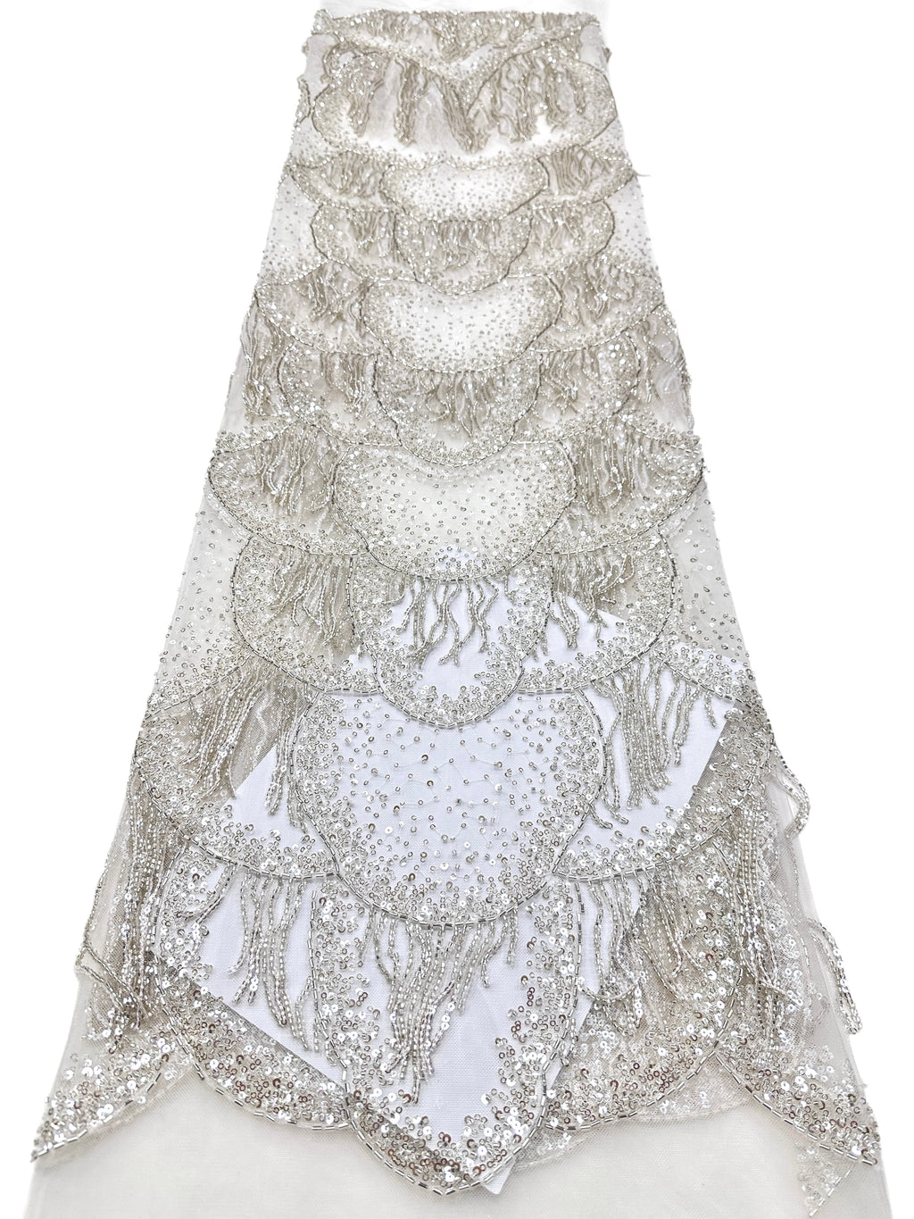 BLS6662#	Heavy Beaded Sequined Fringe Border Lace Fabric Geometric Tulle Lace Fabric for Wedding Evening Gowns