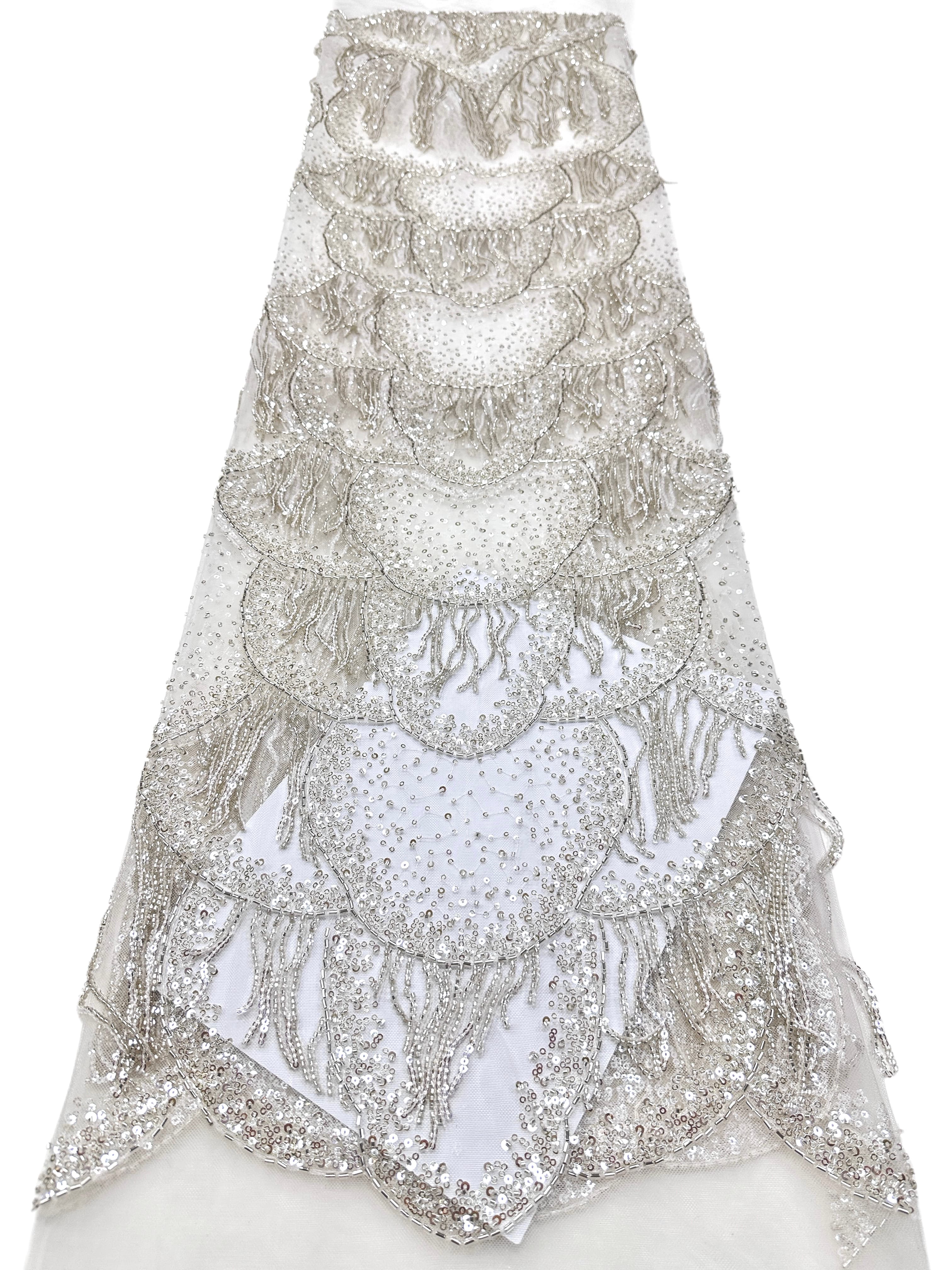 BLS6662#	Heavy Beaded Sequined Fringe Border Lace Fabric Geometric Tulle Lace Fabric for Wedding Evening Gowns