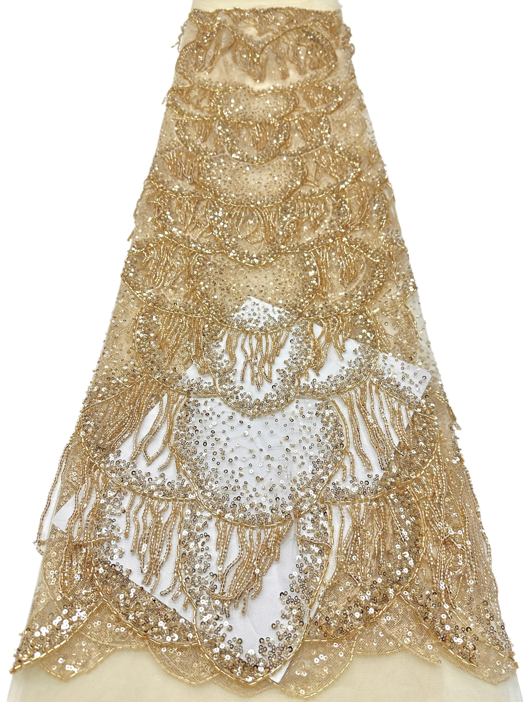 BLS6662#	Heavy Beaded Sequined Fringe Border Lace Fabric Geometric Tulle Lace Fabric for Wedding Evening Gowns